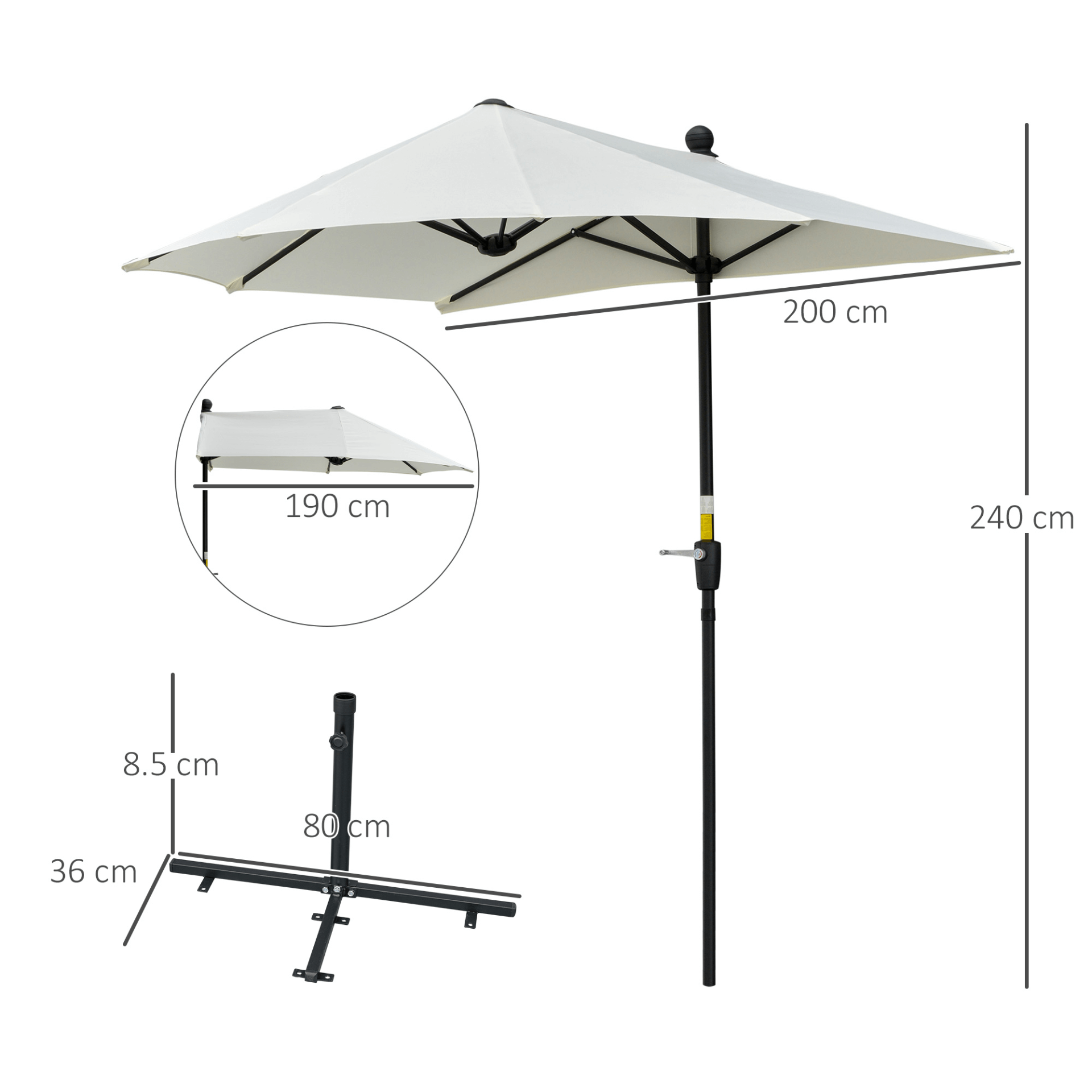 2m Half Parasol Umbrella - Stylish Shade Solution, Discover the 2m Half Parasol Market Umbrella in Cream White, perfect for small gardens, balconies, and patios. Enjoy ample shade with its innovative design.