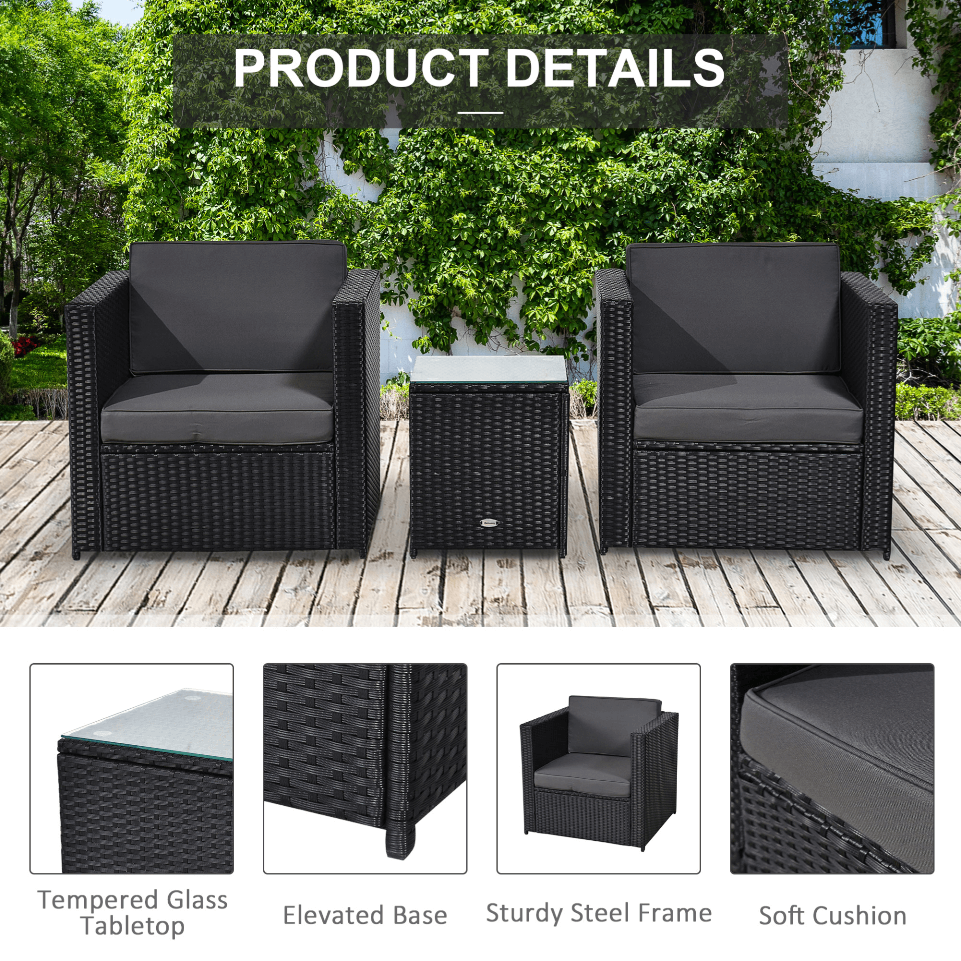 3 Pieces Rattan Bistro Set - Black Wicker Patio Furniture, Enhance your garden or porch with our stylish 3 pieces rattan bistro set. Includes two armchairs and a matching side table for cozy outdoor moments.