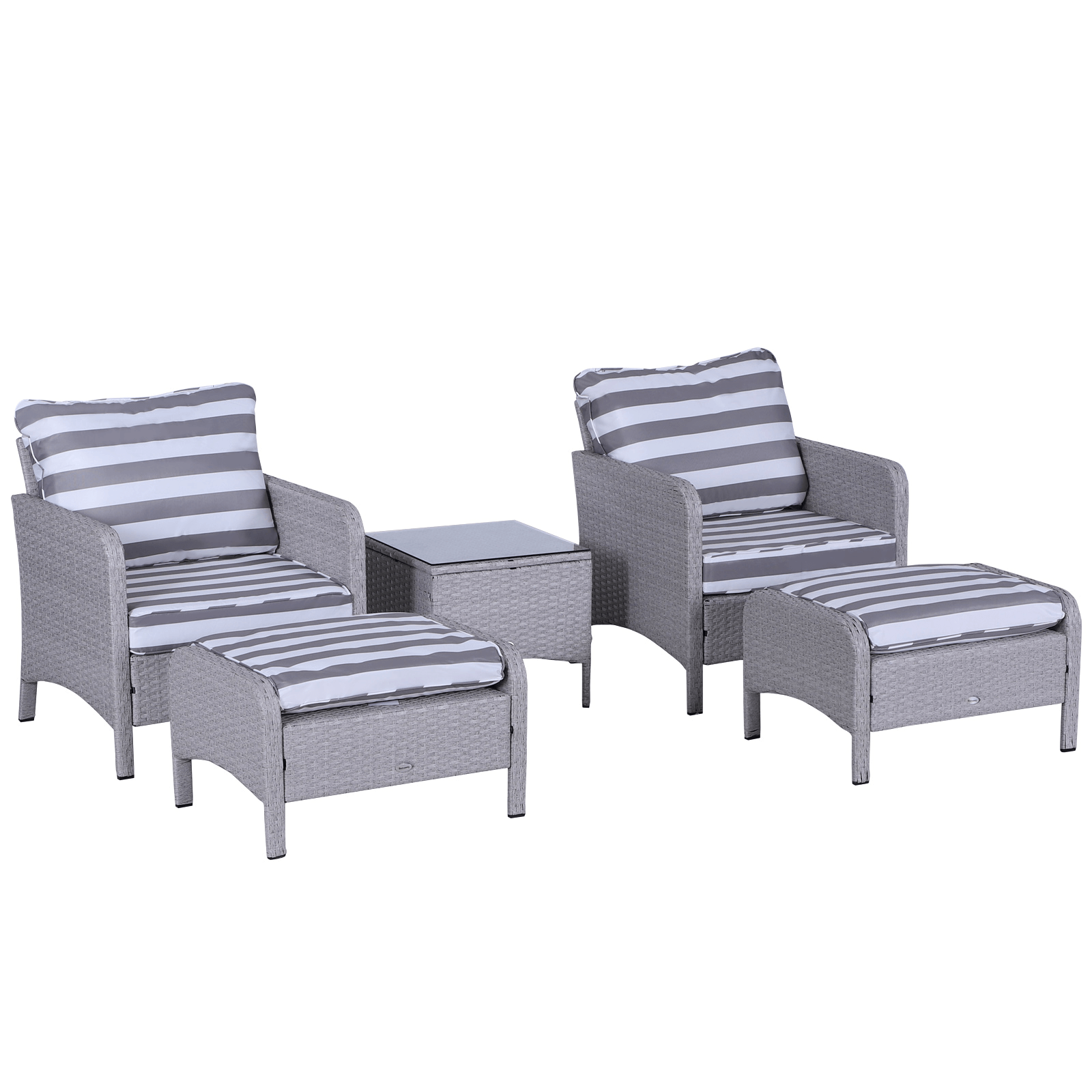 5 Pcs PE Rattan Garden Furniture Set - Grey & White, Transform your outdoor space with our Outsunny 5 Pcs PE Rattan Garden Furniture Set. Includes armchairs, stools, and a glass top table for ultimate comfort.