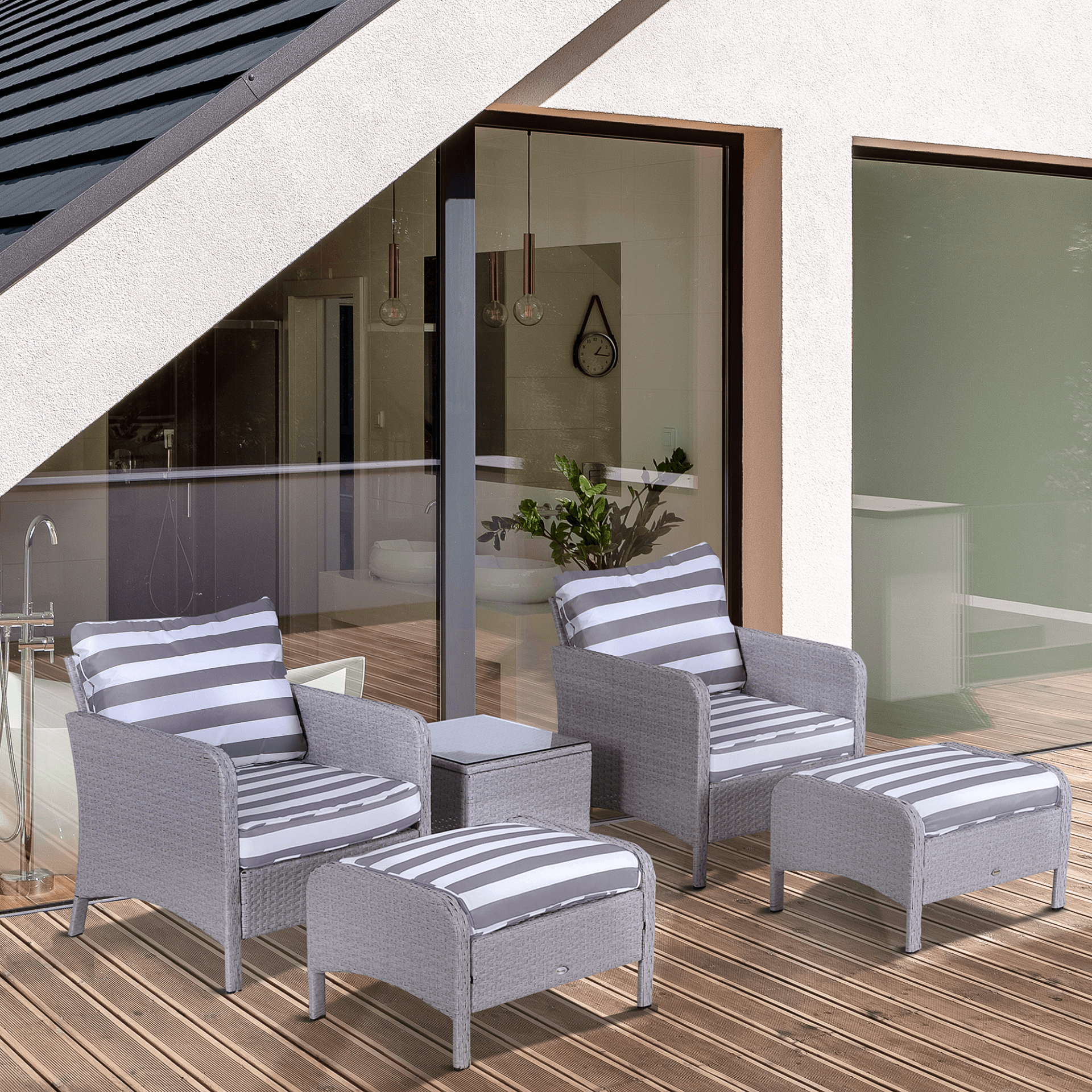 5 Pcs PE Rattan Garden Furniture Set - Grey & White, Transform your outdoor space with our Outsunny 5 Pcs PE Rattan Garden Furniture Set. Includes armchairs, stools, and a glass top table for ultimate comfort.