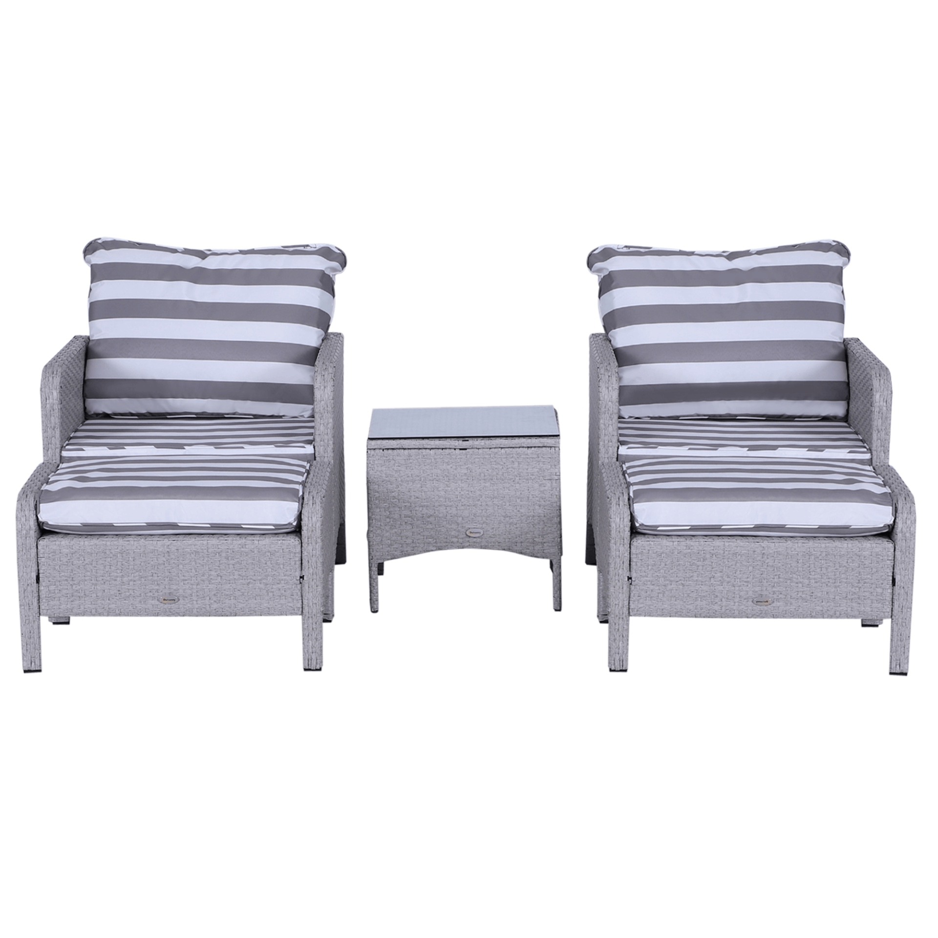 5 Pcs PE Rattan Garden Furniture Set - Grey & White, Transform your outdoor space with our Outsunny 5 Pcs PE Rattan Garden Furniture Set. Includes armchairs, stools, and a glass top table for ultimate comfort.