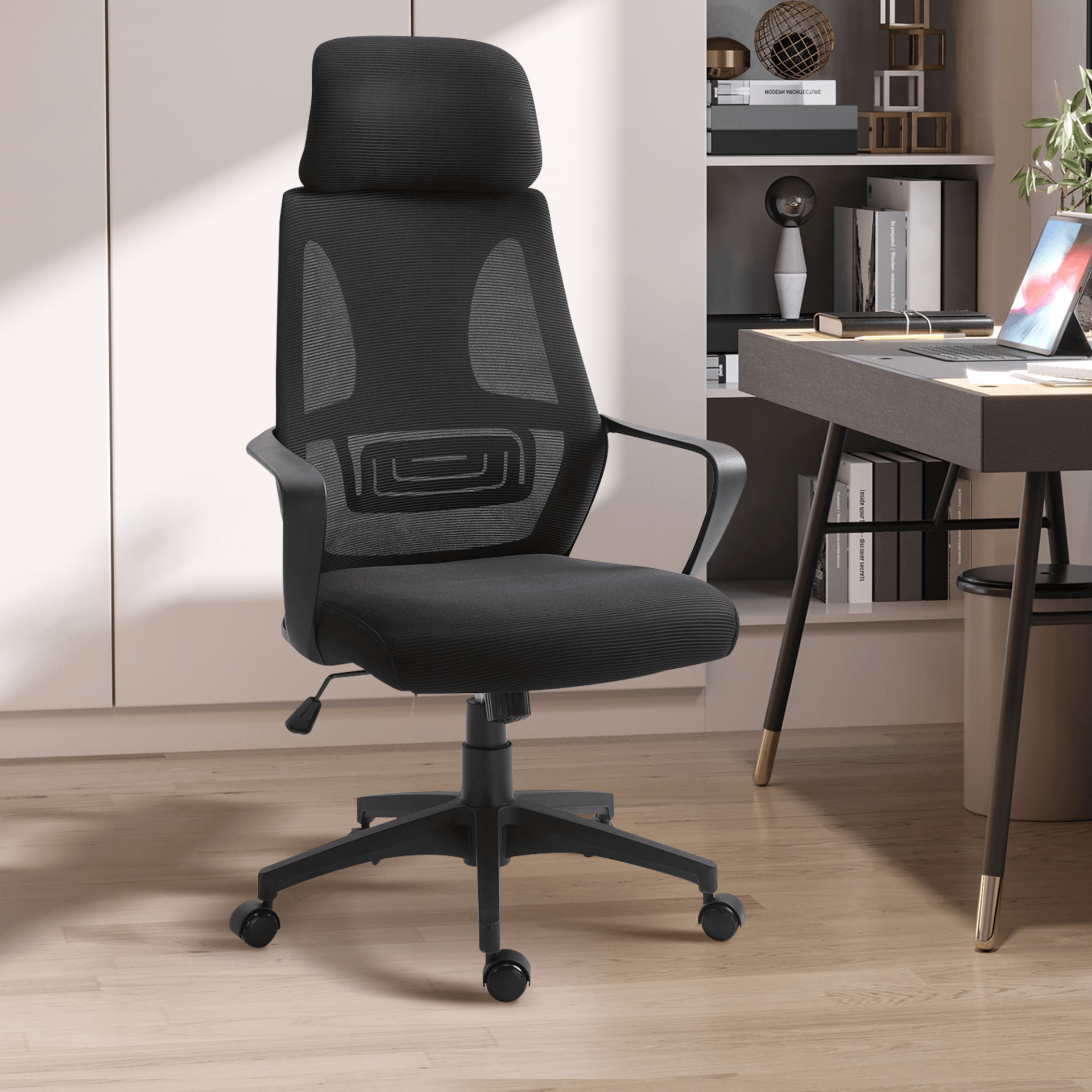 Vinsetto Ergonomic Office Chair - Adjustable Height, Upgrade your home office with Vinsetto Ergonomic Office Chair. Features adjustable headrest, high mesh back, and wheels for maximum comfort and support.