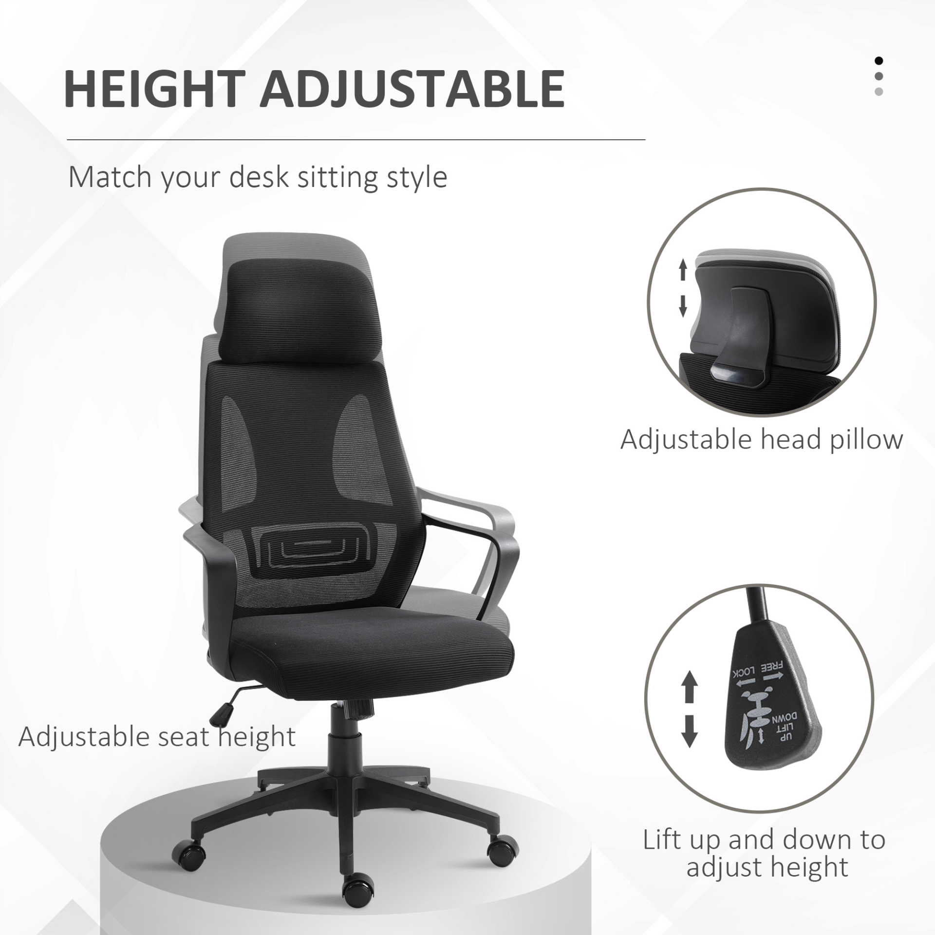 Vinsetto Ergonomic Office Chair - Adjustable Height, Upgrade your home office with Vinsetto Ergonomic Office Chair. Features adjustable headrest, high mesh back, and wheels for maximum comfort and support.