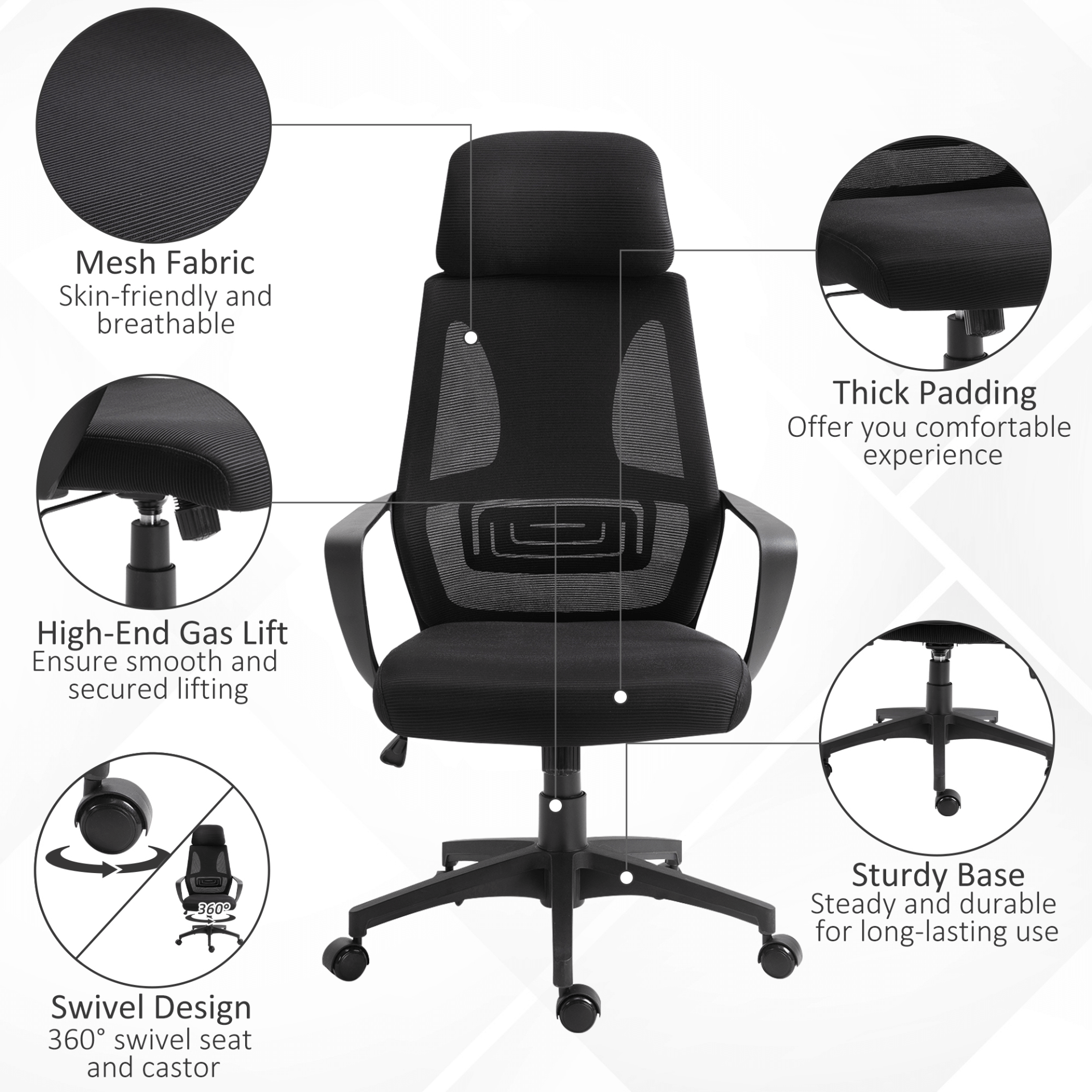 Vinsetto Ergonomic Office Chair - Adjustable Height, Upgrade your home office with Vinsetto Ergonomic Office Chair. Features adjustable headrest, high mesh back, and wheels for maximum comfort and support.