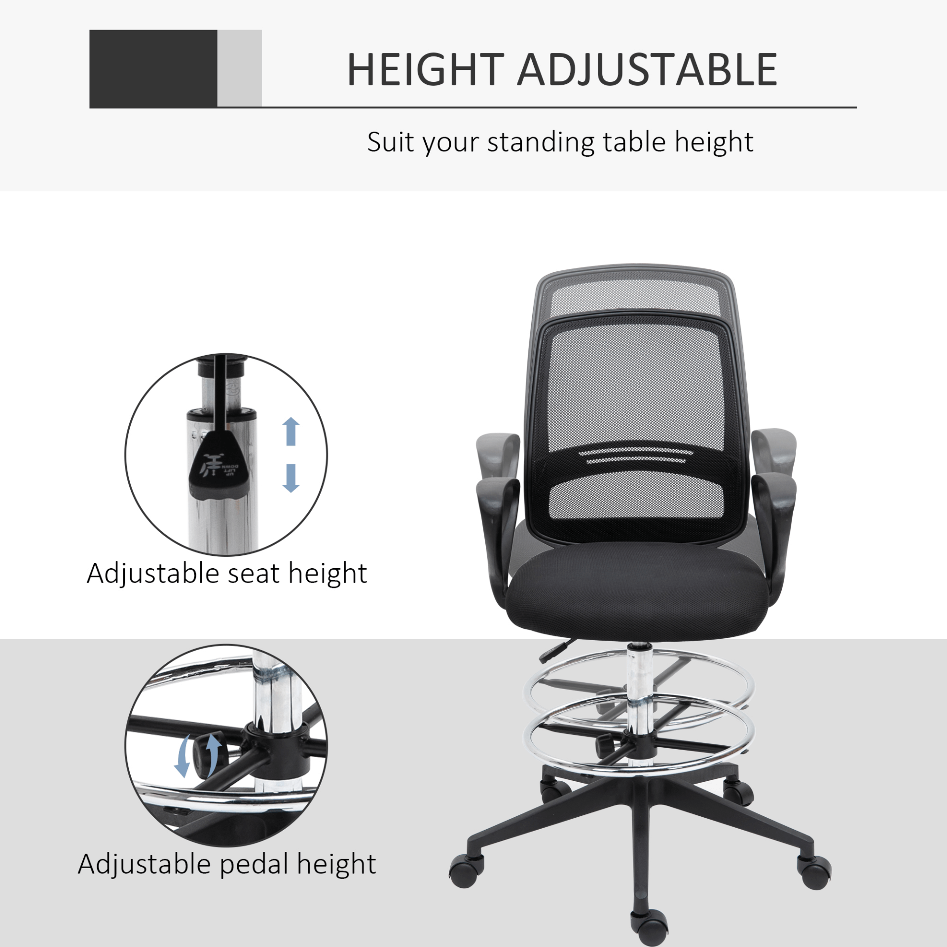 Vinsetto Ergonomic Mesh Back Drafting Chair, Upgrade your office setup with Vinsetto's ergonomic mesh back drafting chair with adjustable height and footrest for comfortable and productive work.