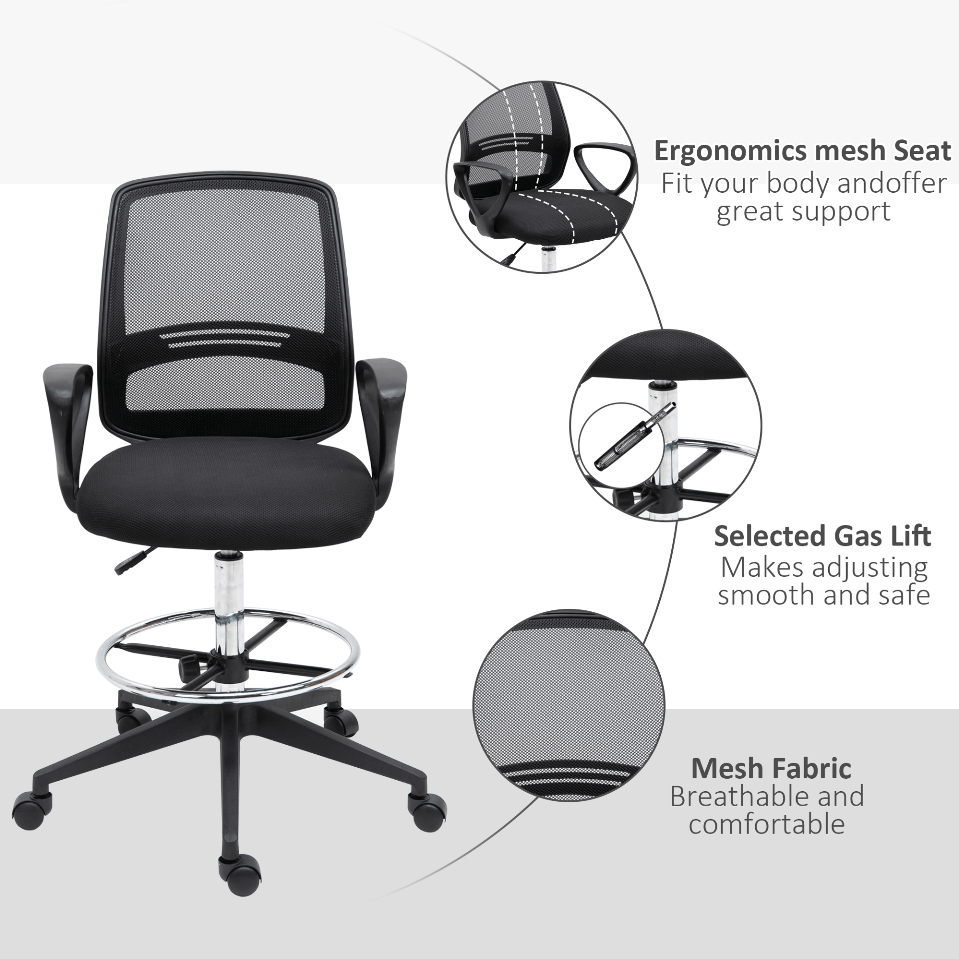 Vinsetto Ergonomic Mesh Back Drafting Chair, Upgrade your office setup with Vinsetto's ergonomic mesh back drafting chair with adjustable height and footrest for comfortable and productive work.