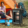 Aluminium Foldable Camping Cupboard with Storage, Stay organized on outdoor adventures with this durable aluminium camping cupboard. Features foldable design, storage shelves, and carrying bag.