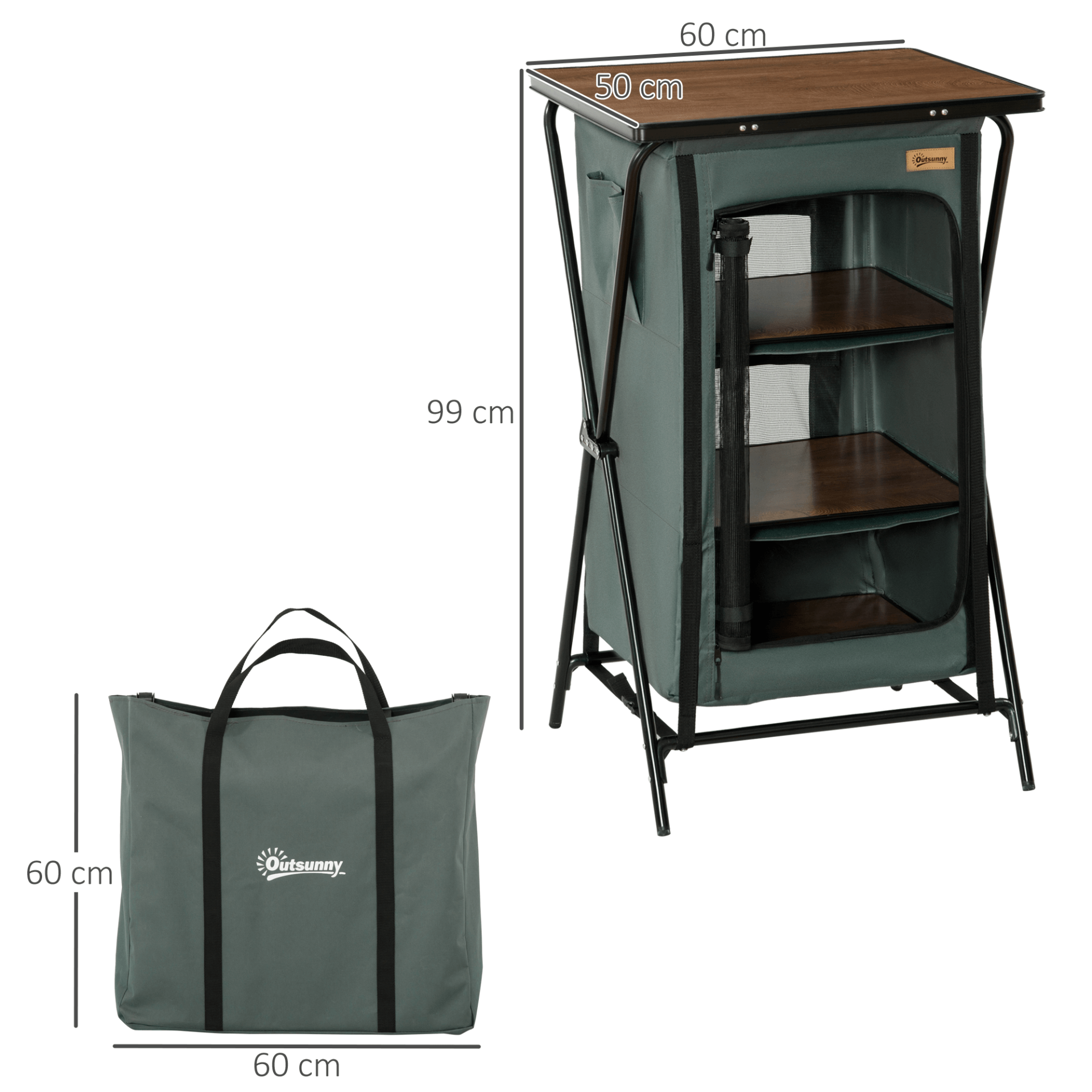 Aluminium Foldable Camping Cupboard with Storage, Stay organized on outdoor adventures with this durable aluminium camping cupboard. Features foldable design, storage shelves, and carrying bag.