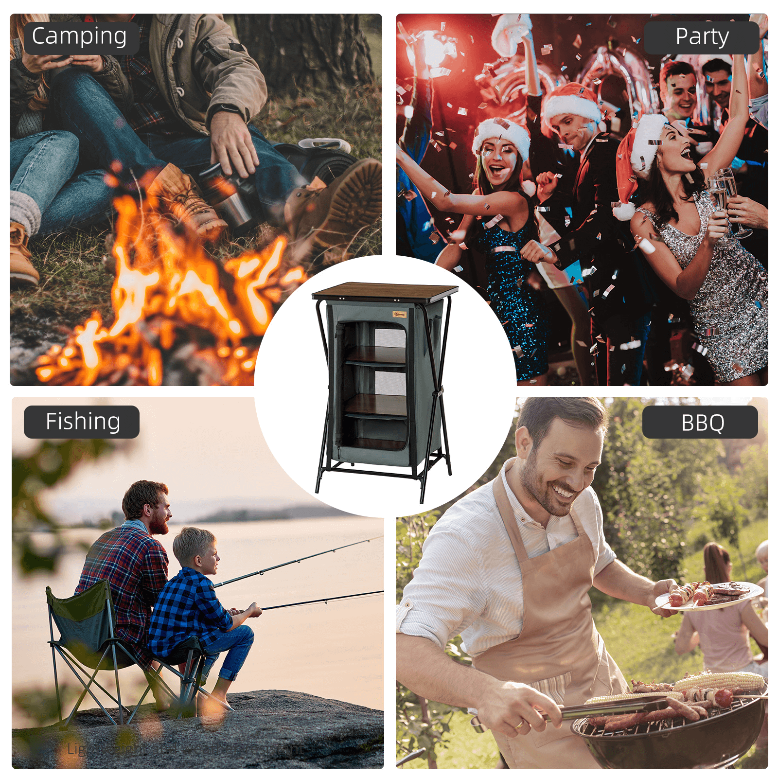 Aluminium Foldable Camping Cupboard with Storage, Stay organized on outdoor adventures with this durable aluminium camping cupboard. Features foldable design, storage shelves, and carrying bag.