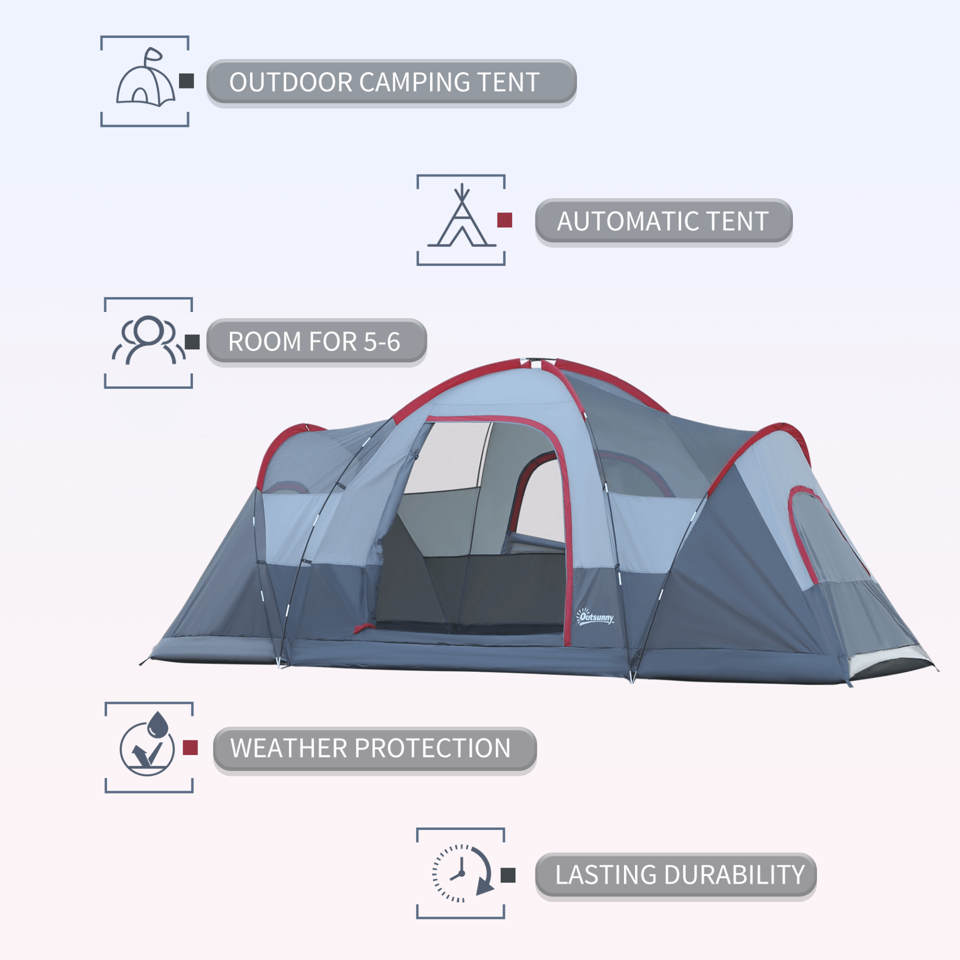 5-6 Man Dome Camping Tent - Grey, Explore the outdoors with our 5-6 Man Dome Camping Tent. Spacious, durable, and rust-resistant, perfect for group adventures.