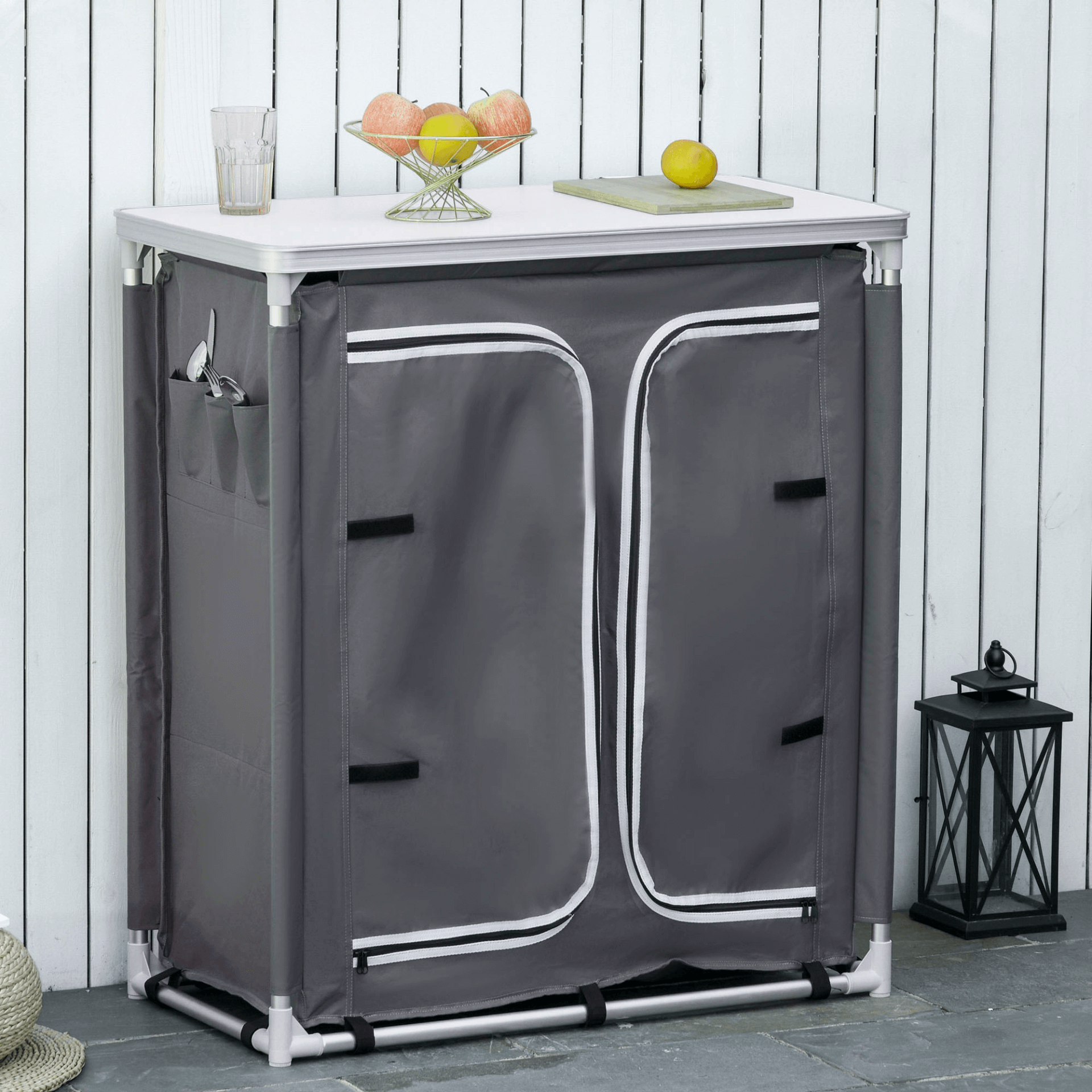 Portable Aluminum Camping Cupboard: 3-Shelf Kitchen Station, Versatile camping cupboard with 3 shelves, storage organizer, and carrying bag. Perfect for BBQ, parties, picnics, and outdoor trips. Convenient and functional.