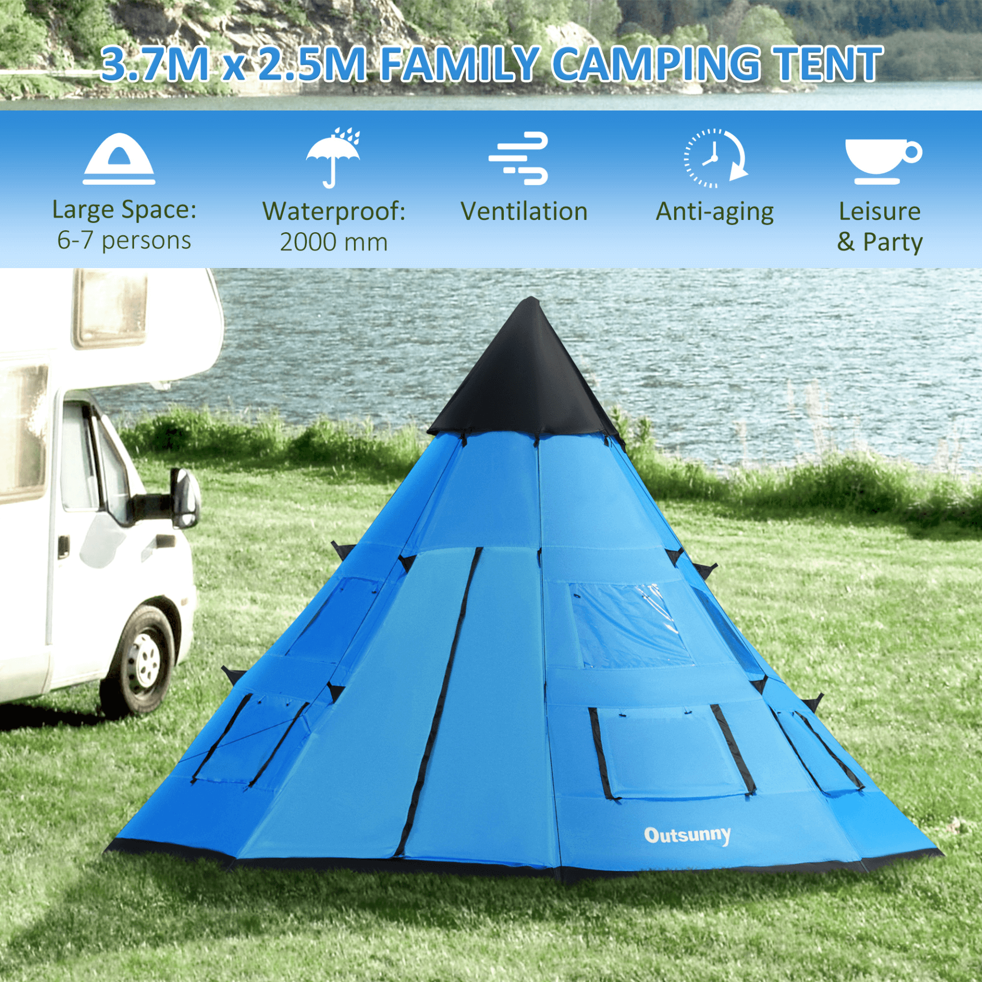 6 Men Tipi Tent with Mesh Windows & Carry Bag - Blue, Discover the Outsunny 6 Men Tipi Tent, perfect for family camping, hiking, or festivals. Easy setup, durable, and comfortable.