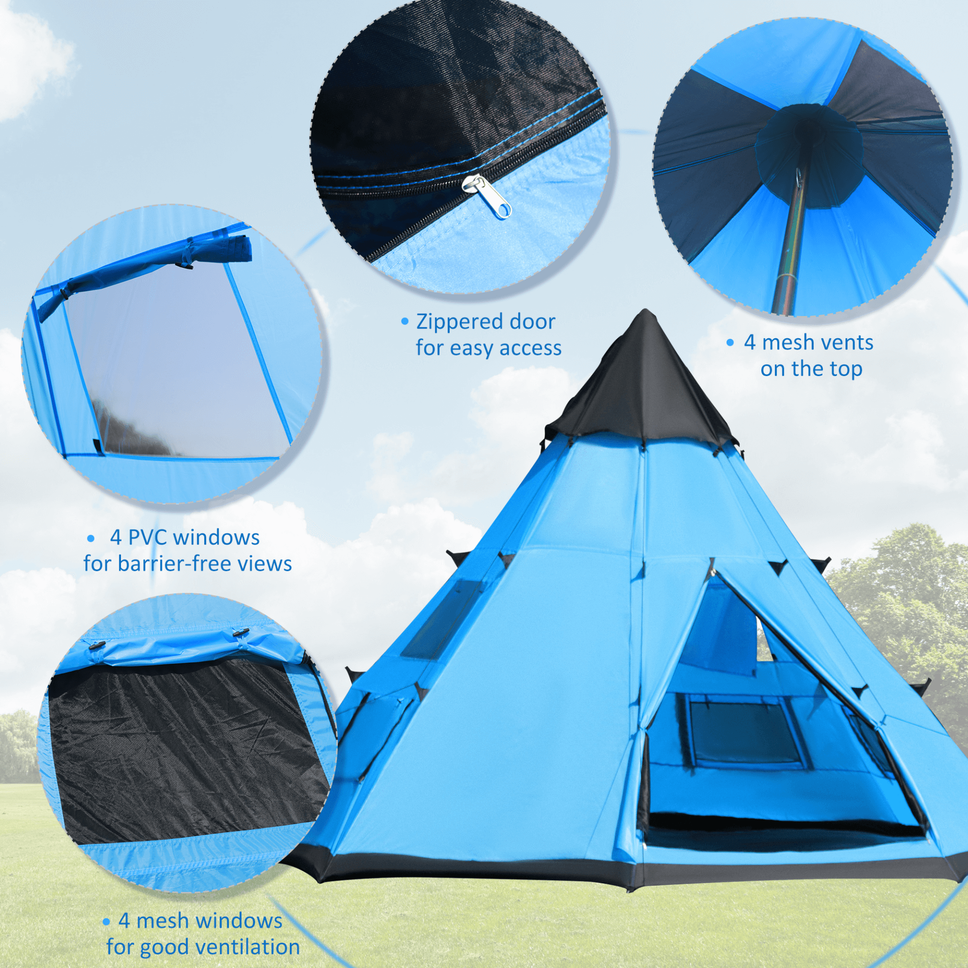 6 Men Tipi Tent with Mesh Windows & Carry Bag - Blue, Discover the Outsunny 6 Men Tipi Tent, perfect for family camping, hiking, or festivals. Easy setup, durable, and comfortable.