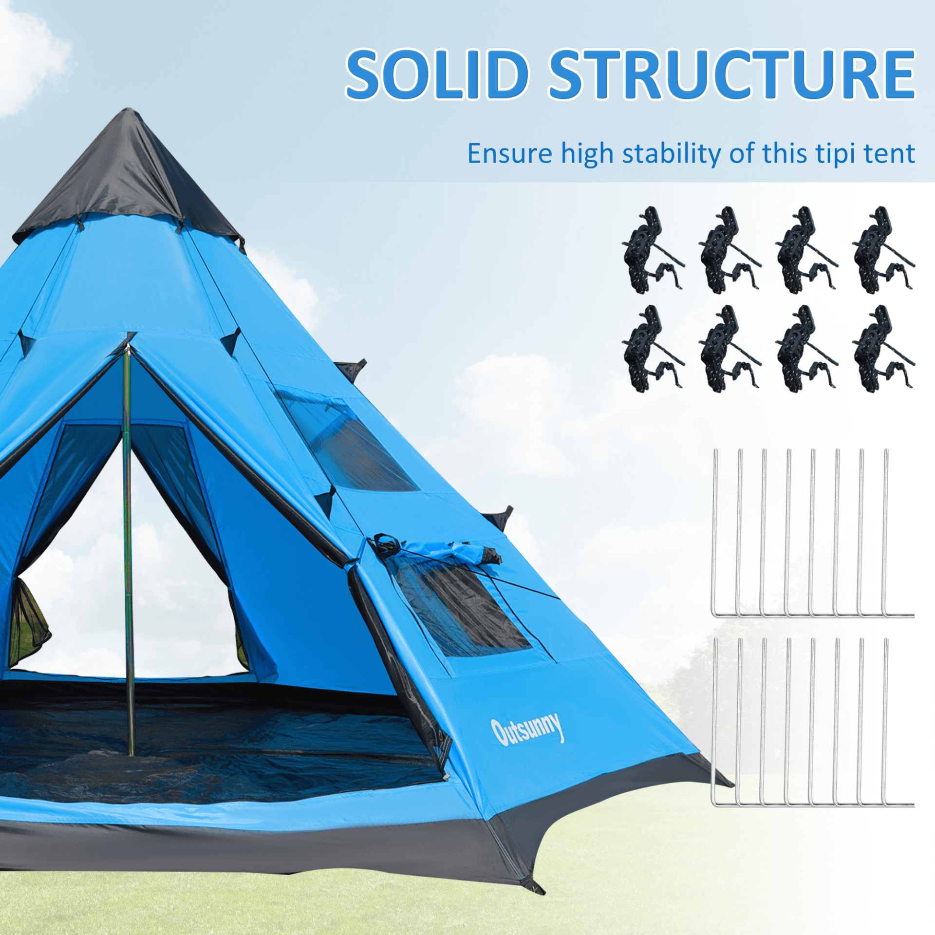 6 Men Tipi Tent with Mesh Windows & Carry Bag - Blue, Discover the Outsunny 6 Men Tipi Tent, perfect for family camping, hiking, or festivals. Easy setup, durable, and comfortable.