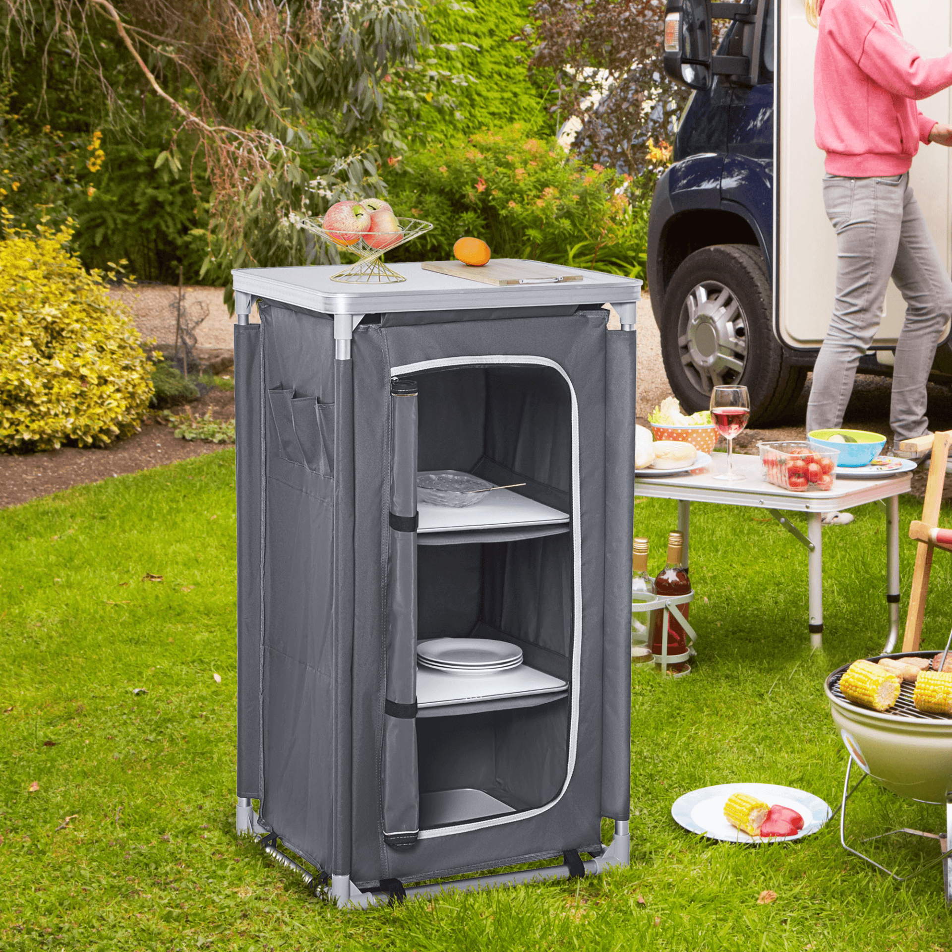 Portable 3-Shelf Camping Cupboard & Kitchen Station, Enhance outdoor cooking with our portable 3-shelf camping cupboard and kitchen station - ideal for BBQs, picnics, and adventures. Stay organized and equipped.