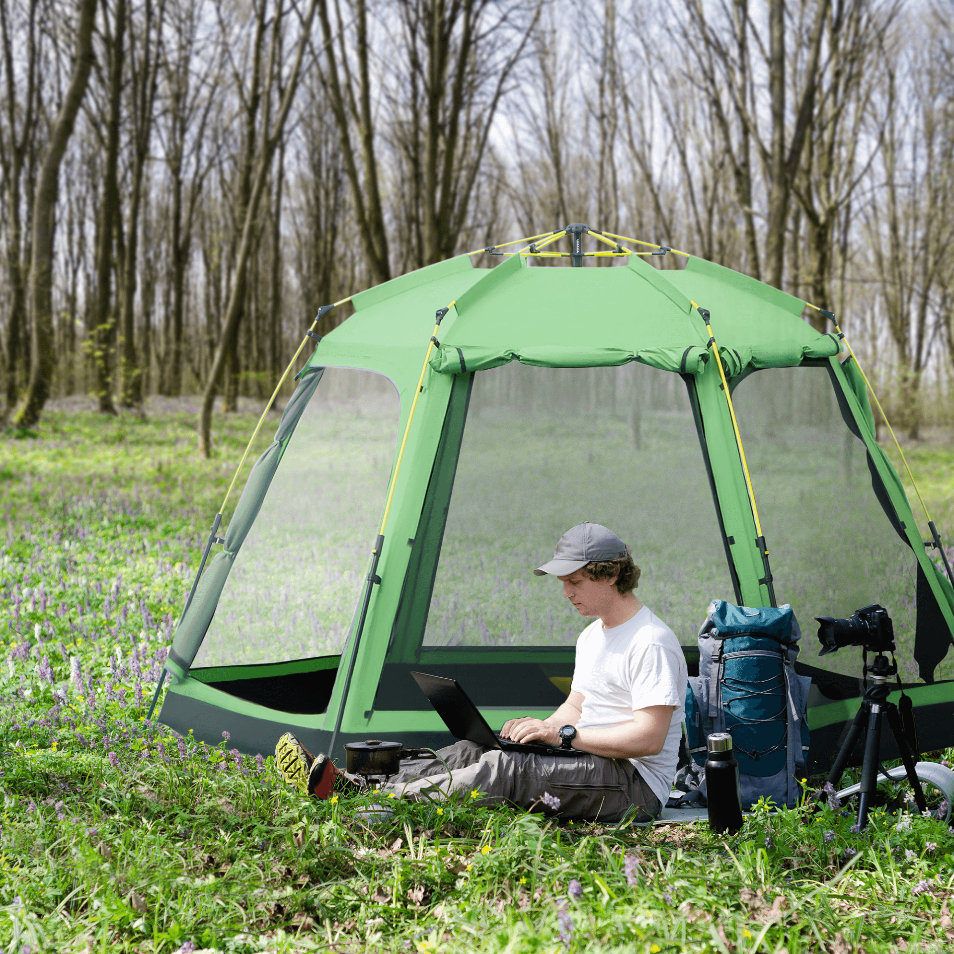 Spacious 6 Person Pop Up Camping Tent - Green, Enjoy family adventures with this spacious and durable 6 person pop up camping tent. Quick set-up for great outdoor trips. Ideal for camping, hiking, and more.