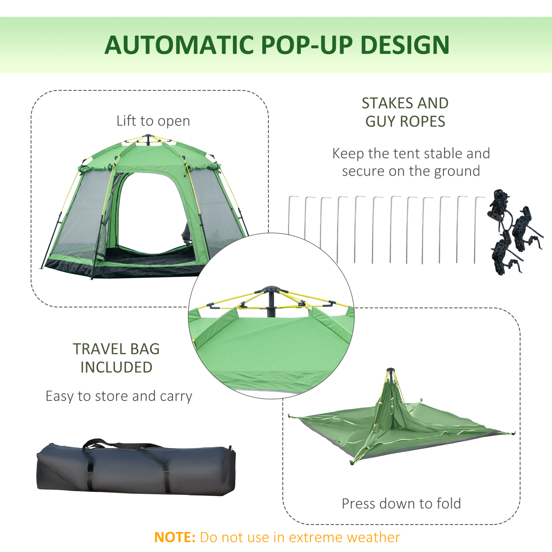 Spacious 6 Person Pop Up Camping Tent - Green, Enjoy family adventures with this spacious and durable 6 person pop up camping tent. Quick set-up for great outdoor trips. Ideal for camping, hiking, and more.