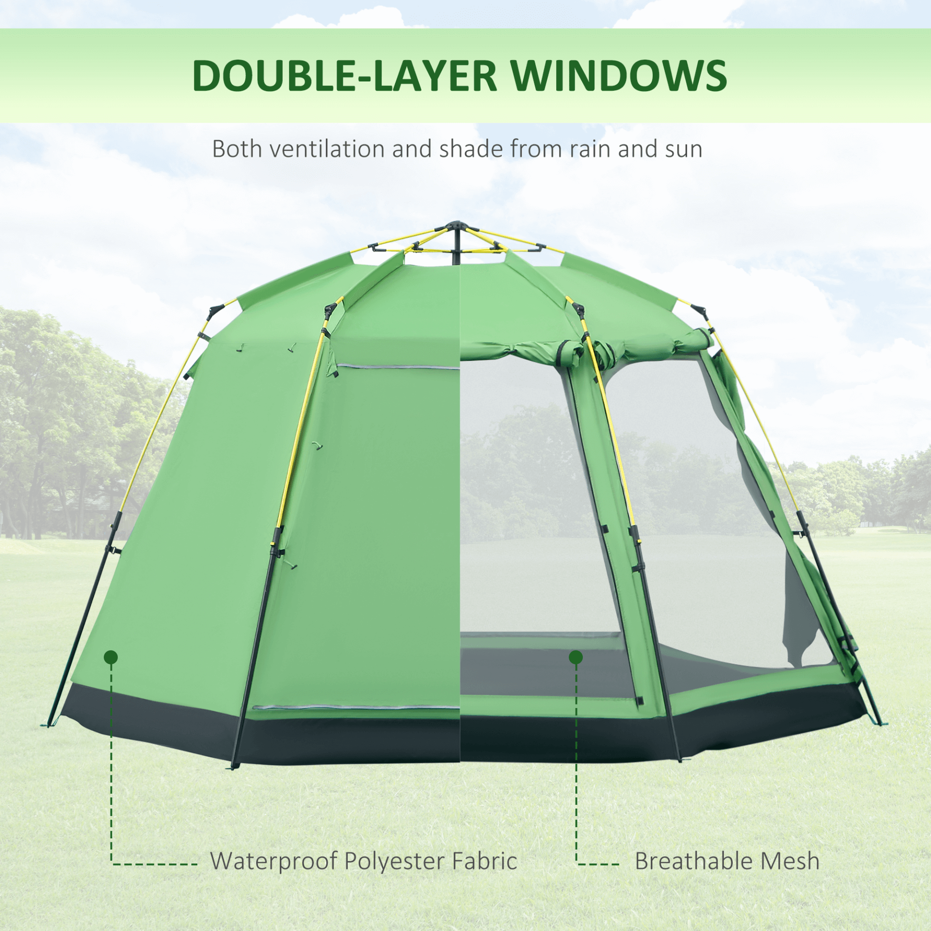 Spacious 6 Person Pop Up Camping Tent - Green, Enjoy family adventures with this spacious and durable 6 person pop up camping tent. Quick set-up for great outdoor trips. Ideal for camping, hiking, and more.