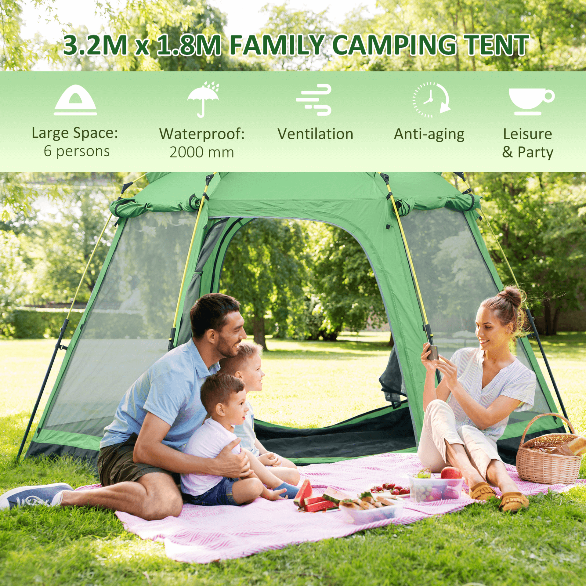 Spacious 6 Person Pop Up Camping Tent - Green, Enjoy family adventures with this spacious and durable 6 person pop up camping tent. Quick set-up for great outdoor trips. Ideal for camping, hiking, and more.