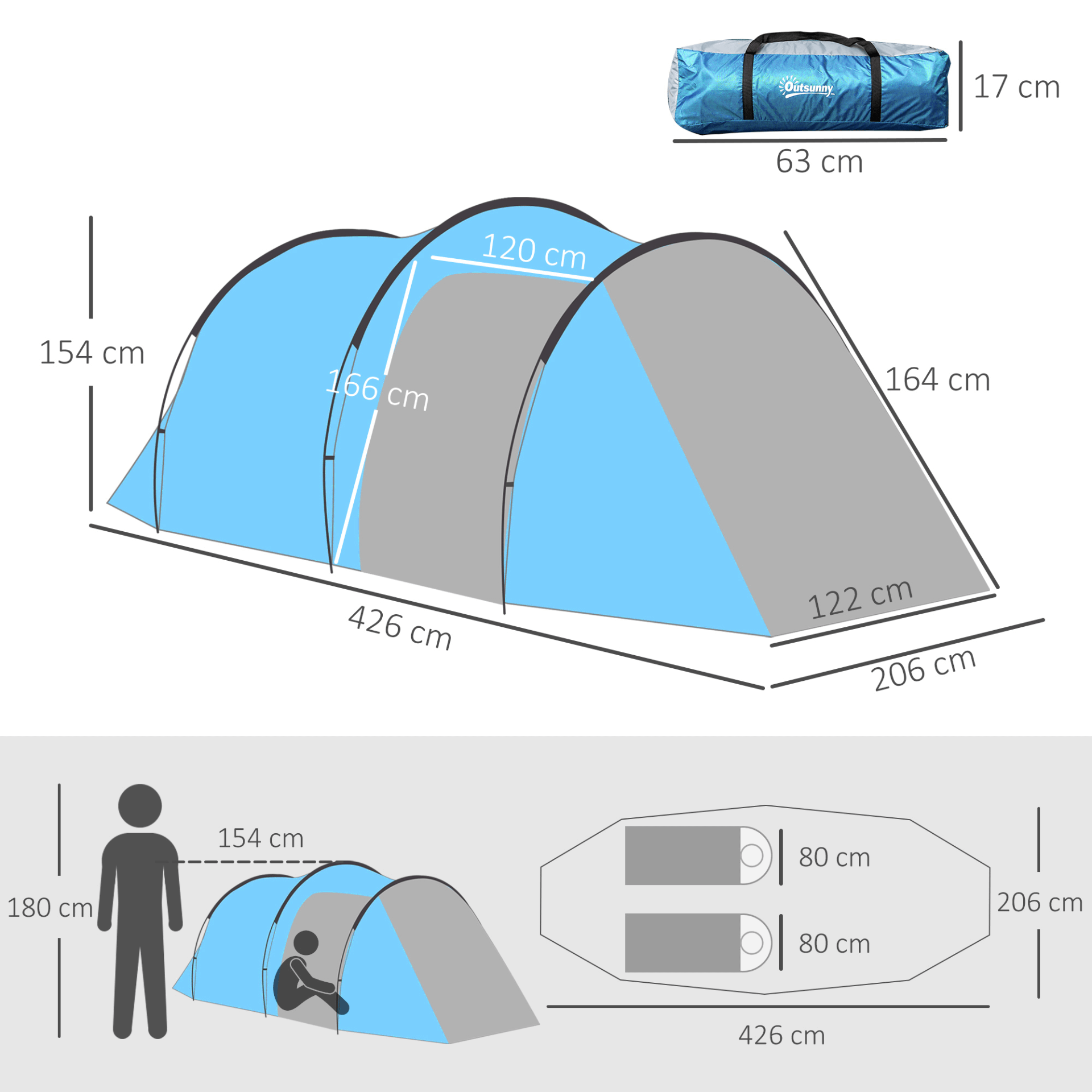 2-3 Person Tunnel Tent - Perfect for Adventures, Discover the Outsunny 2-3 Person Tunnel Tent with Vestibule, ideal for camping, hiking, and festivals. Spacious two-room design with ample storage.