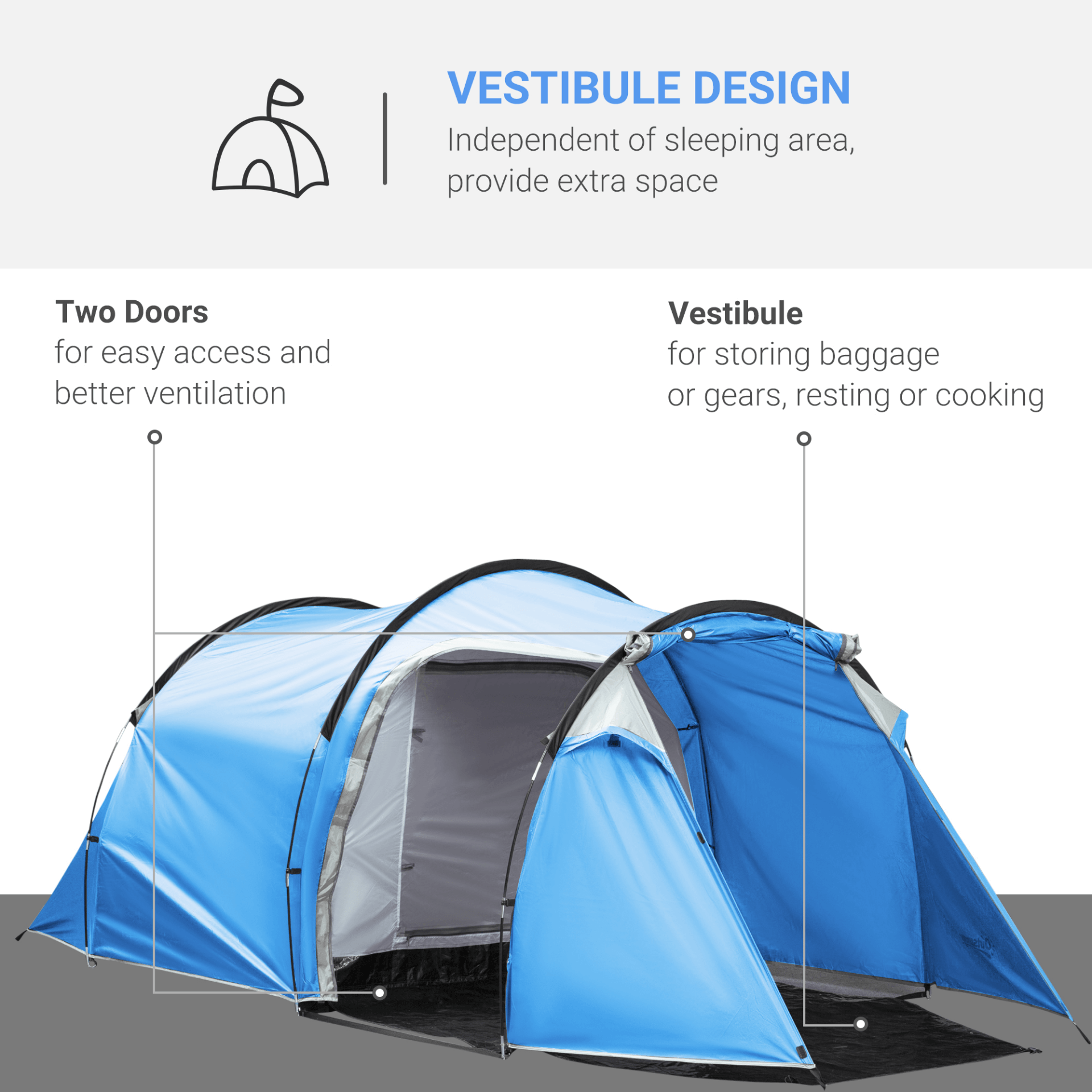 2-3 Person Tunnel Tent - Perfect for Adventures, Discover the Outsunny 2-3 Person Tunnel Tent with Vestibule, ideal for camping, hiking, and festivals. Spacious two-room design with ample storage.