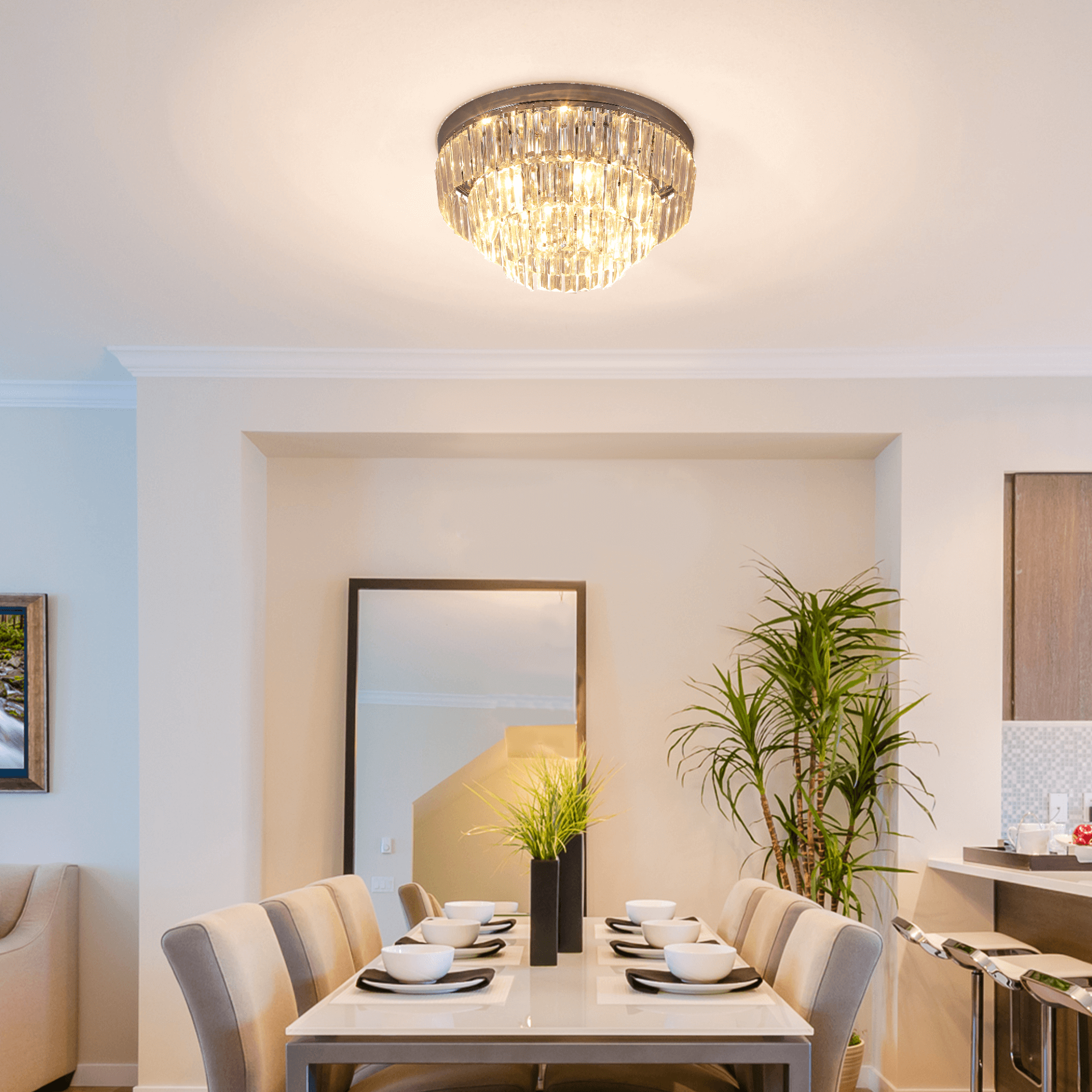 Modern-Light Round Crystal Ceiling Lamp, Elegant Chandelier, Elevate your home with a modern 7-light crystal ceiling lamp. Perfect for living rooms, dining rooms, and hallways. Elegant and luxurious lighting fixture.