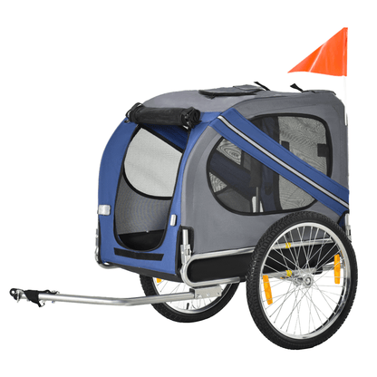 PawHut Folding Dog Bike Trailer - Blue & Grey Carrier, Travel with your pet effortlessly! This weather-resistant bike trailer is ideal for small to medium dogs, ensuring safe and easy storage.