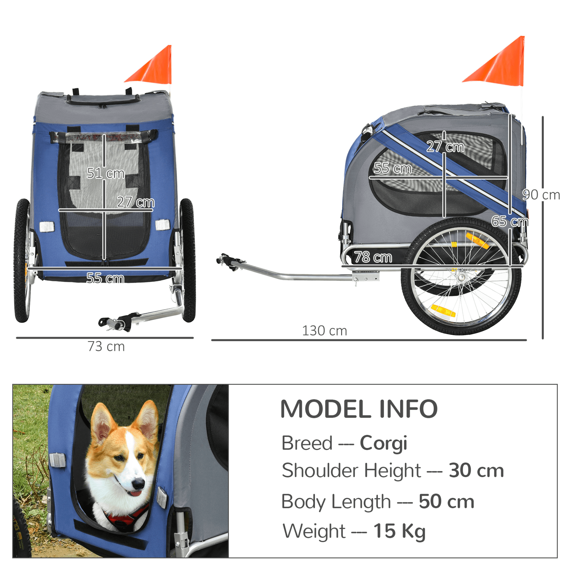 PawHut Folding Dog Bike Trailer - Blue & Grey Carrier, Travel with your pet effortlessly! This weather-resistant bike trailer is ideal for small to medium dogs, ensuring safe and easy storage.