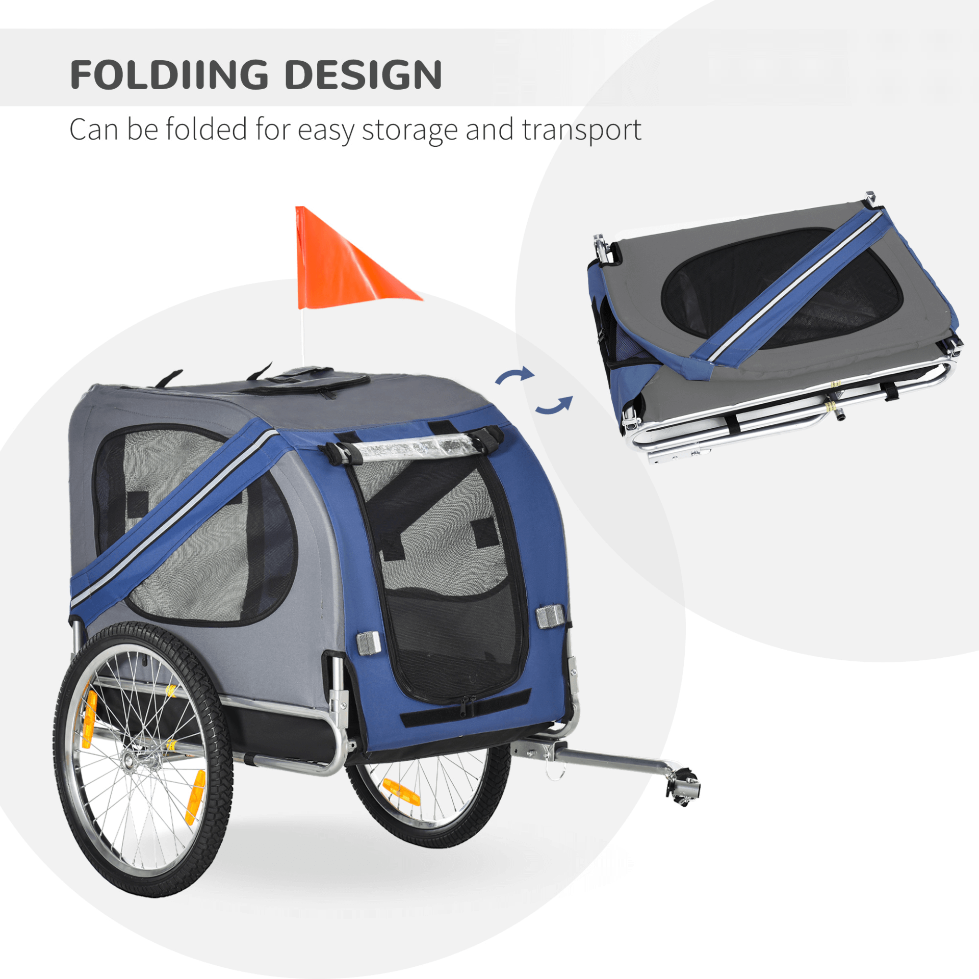 PawHut Folding Dog Bike Trailer - Blue & Grey Carrier, Travel with your pet effortlessly! This weather-resistant bike trailer is ideal for small to medium dogs, ensuring safe and easy storage.