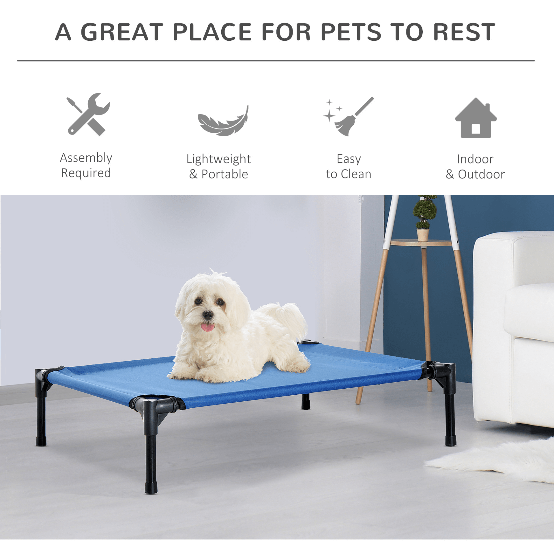 Elevated Dog Bed Medium Blue - Portable Pet Cot, Give your pet comfort with this durable, portable elevated dog bed. Ideal for indoor and outdoor adventures. Made from high-density 600D oxford fabric.