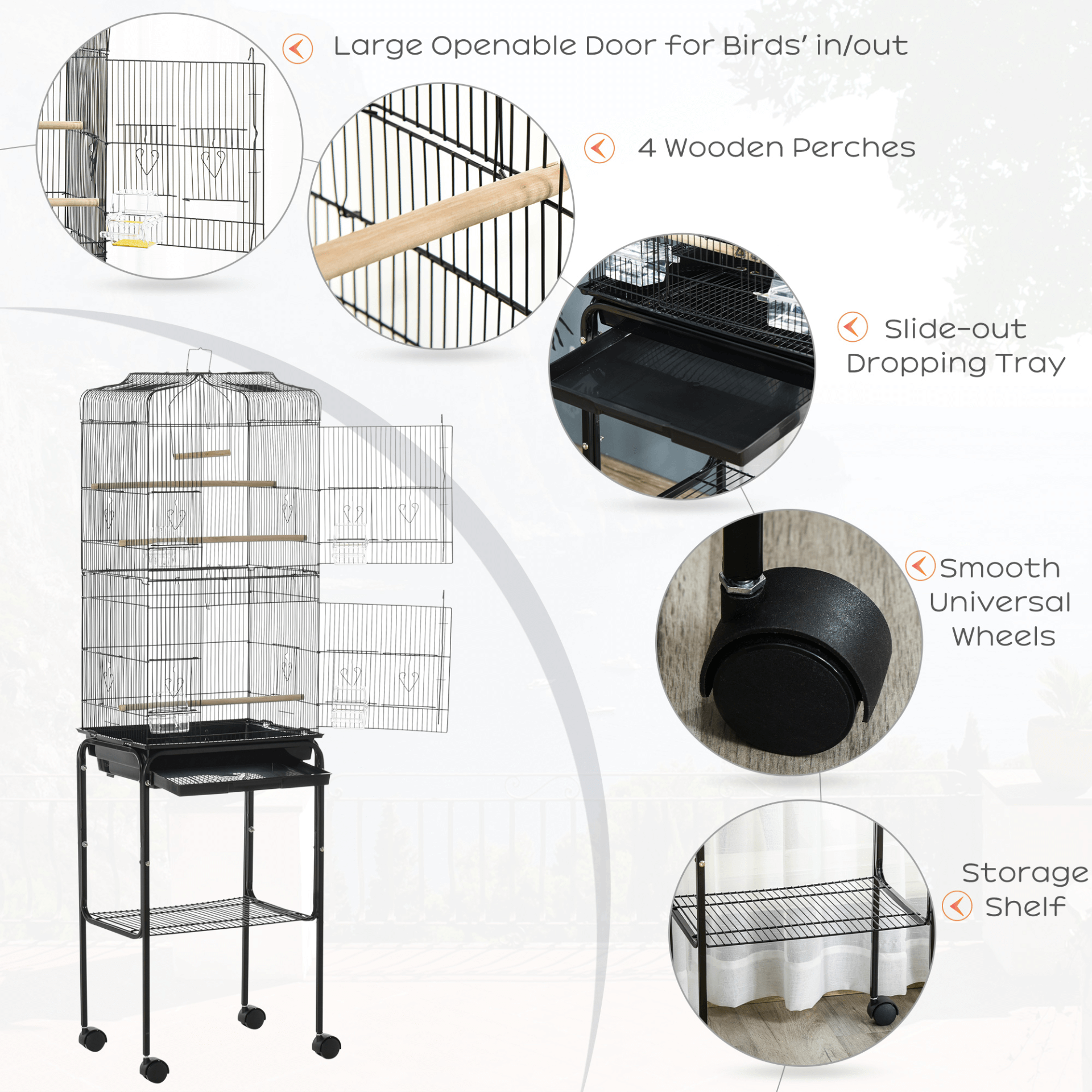 Spacious Bird Cage with Stand & Wheels – Durable & Secure, Perfect for budgies, finches, canaries, and parakeets. Durable powder-coated metal ensures long-lasting security and ample space for your birds.