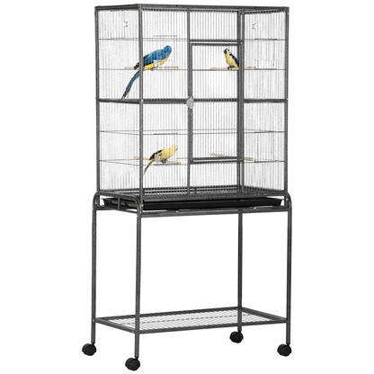 PawHut Metal Bird Cage for Parakeets & Canaries, Spacious and durable bird cage with rolling stand, wooden perches, and storage shelf for optimal comfort and easy maintenance.