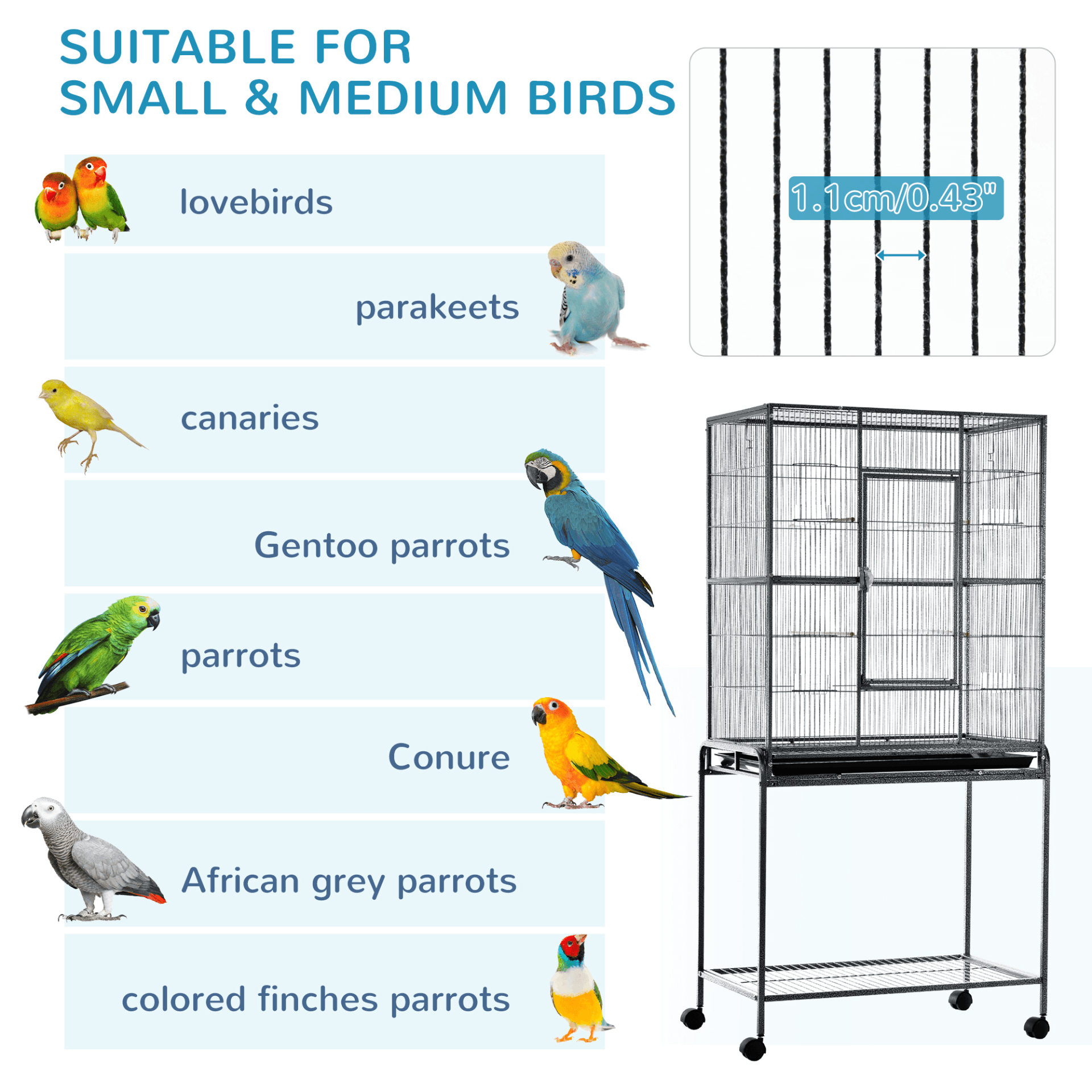 PawHut Metal Bird Cage for Parakeets & Canaries, Spacious and durable bird cage with rolling stand, wooden perches, and storage shelf for optimal comfort and easy maintenance.