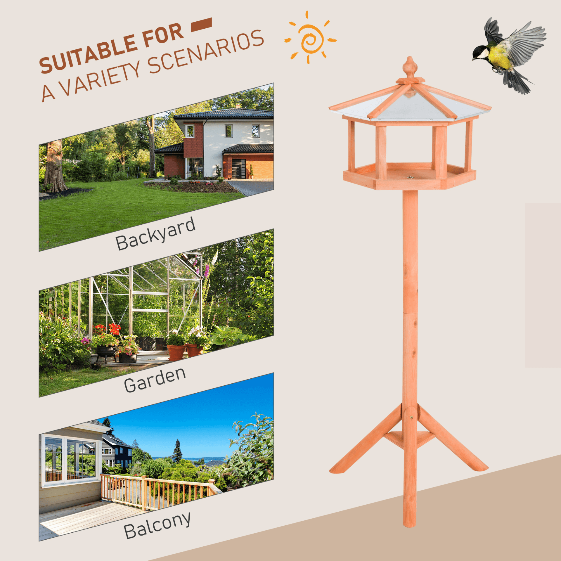 PawHut Wooden Bird Table Feeder - Weatherproof Station, Create a bird-friendly garden with this sturdy, weatherproof feeder, providing food, water, and rest for your feathered friends.