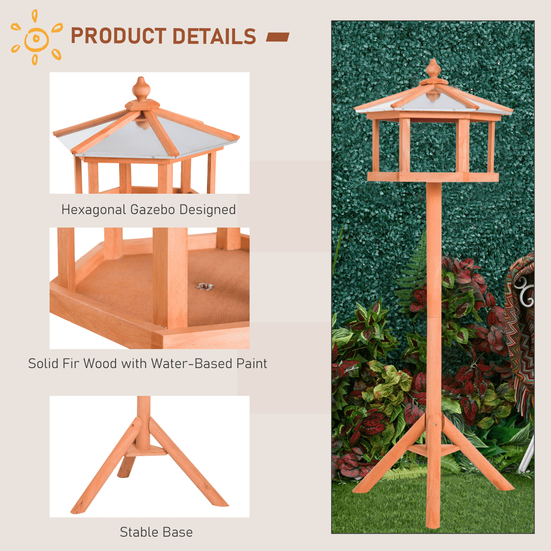 PawHut Wooden Bird Table Feeder - Weatherproof Station, Create a bird-friendly garden with this sturdy, weatherproof feeder, providing food, water, and rest for your feathered friends.