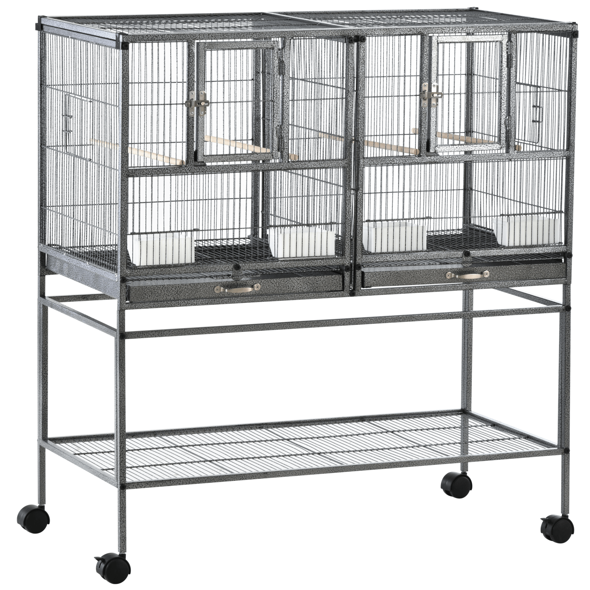 Spacious Metal Bird Cage with Rolling Stand, Give your finches, canaries, parakeets, and cockatiels a roomy birdhouse with our metal bird cage featuring, removable trays, storage shelf, and wood perches.