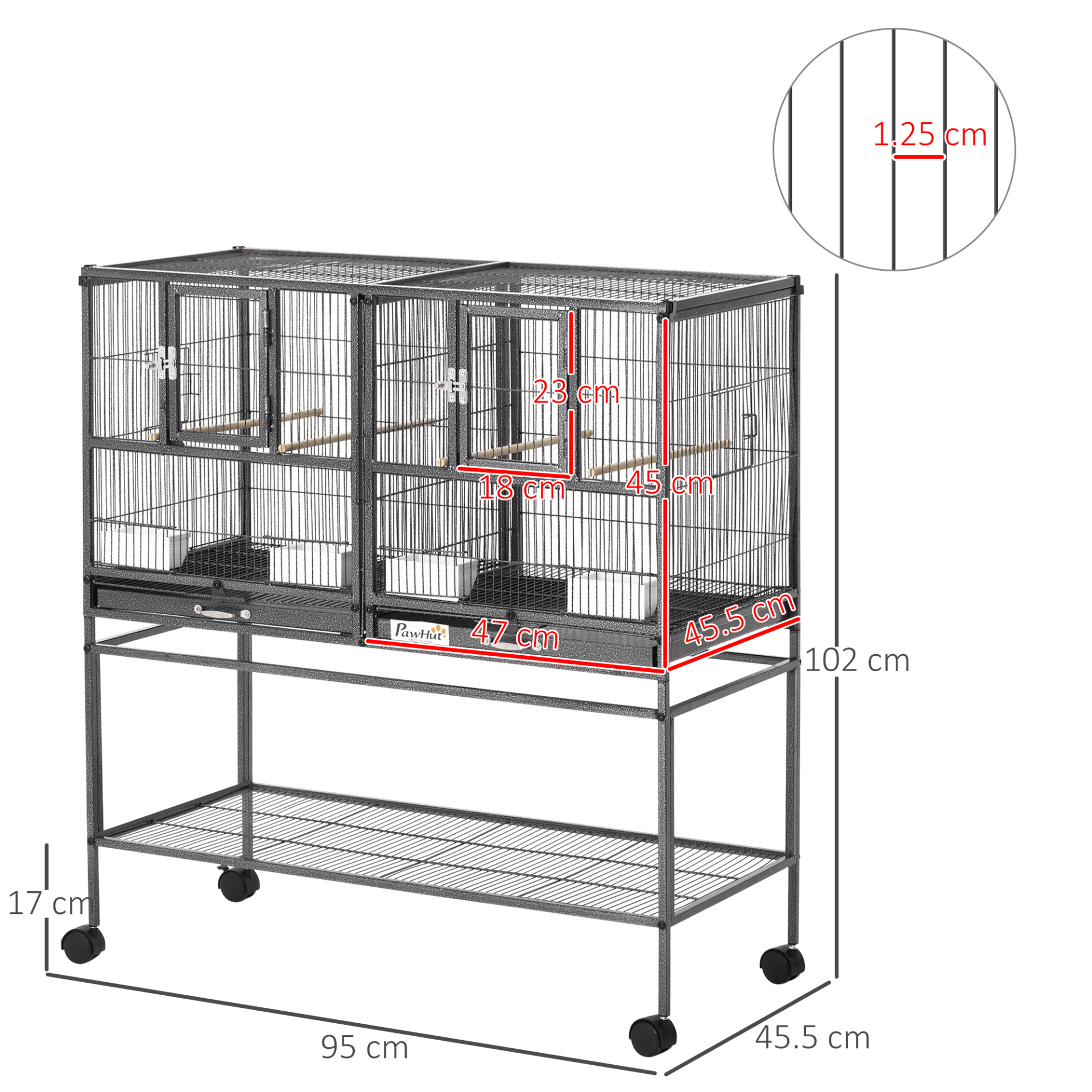 Spacious Metal Bird Cage with Rolling Stand, Give your finches, canaries, parakeets, and cockatiels a roomy birdhouse with our metal bird cage featuring, removable trays, storage shelf, and wood perches.