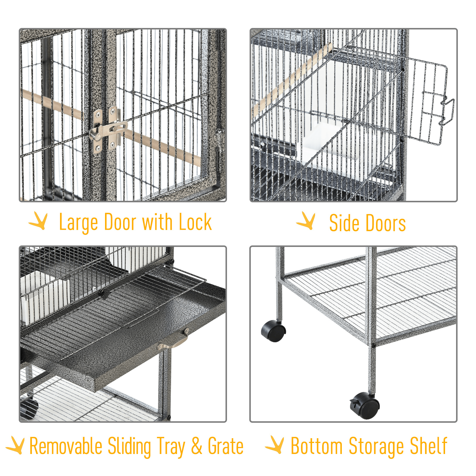 Spacious Metal Bird Cage with Rolling Stand, Give your finches, canaries, parakeets, and cockatiels a roomy birdhouse with our metal bird cage featuring, removable trays, storage shelf, and wood perches.