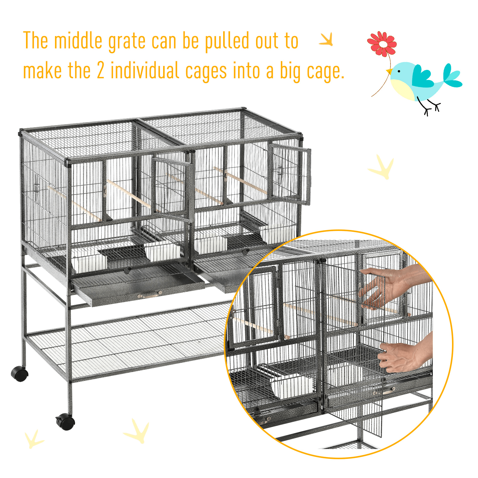 Spacious Metal Bird Cage with Rolling Stand, Give your finches, canaries, parakeets, and cockatiels a roomy birdhouse with our metal bird cage featuring, removable trays, storage shelf, and wood perches.