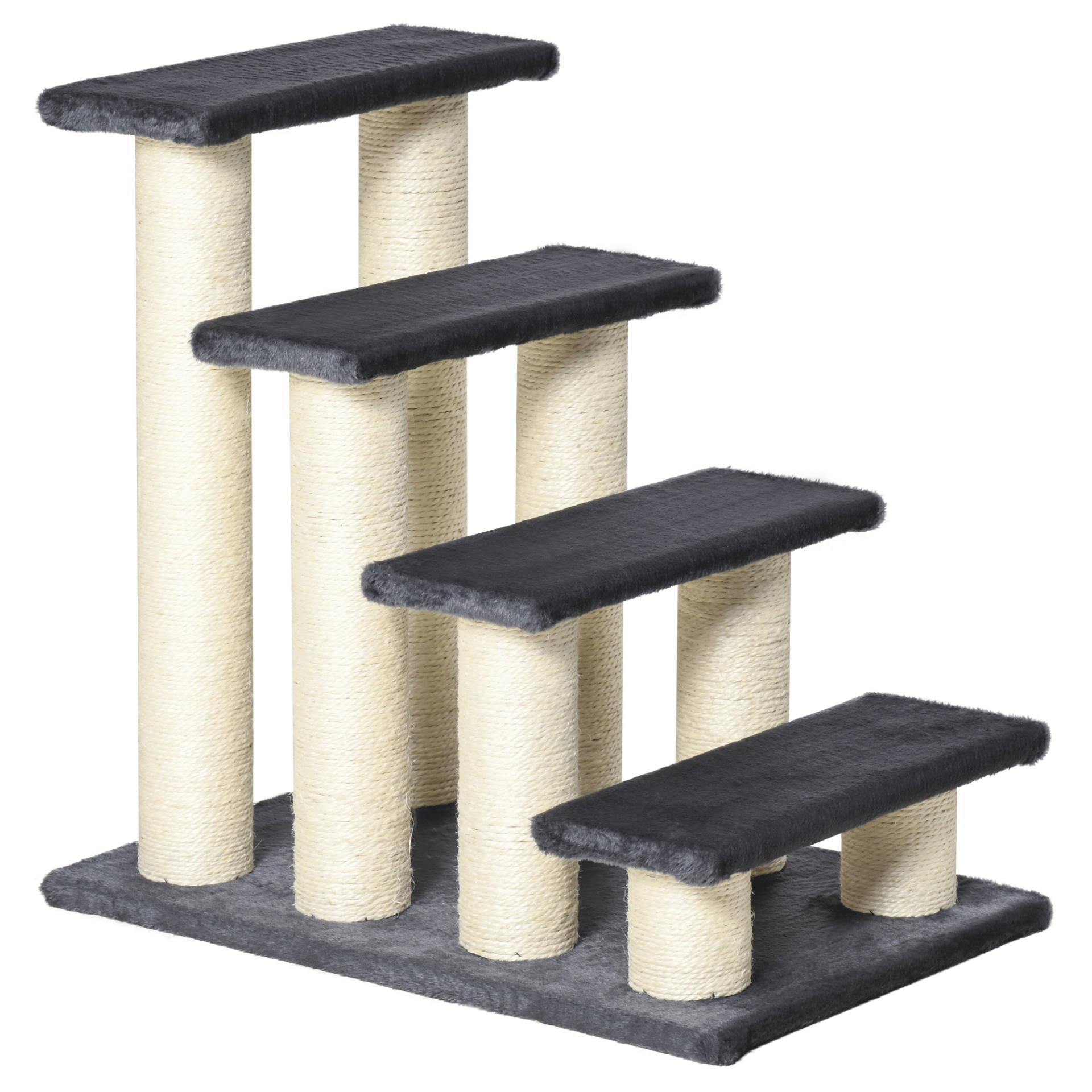 4-Step Pet Stairs with Sisal Scratch Post - Grey, Durable 4-step pet stairs with sisal scratch post for dogs and cats. Ideal for aging or injured pets. Built with E1-certified particle board and soft faux fur.