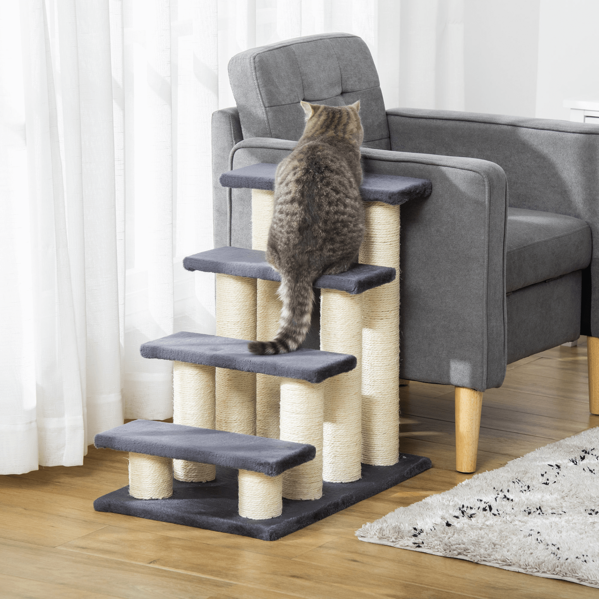 4-Step Pet Stairs with Sisal Scratch Post - Grey, Durable 4-step pet stairs with sisal scratch post for dogs and cats. Ideal for aging or injured pets. Built with E1-certified particle board and soft faux fur.