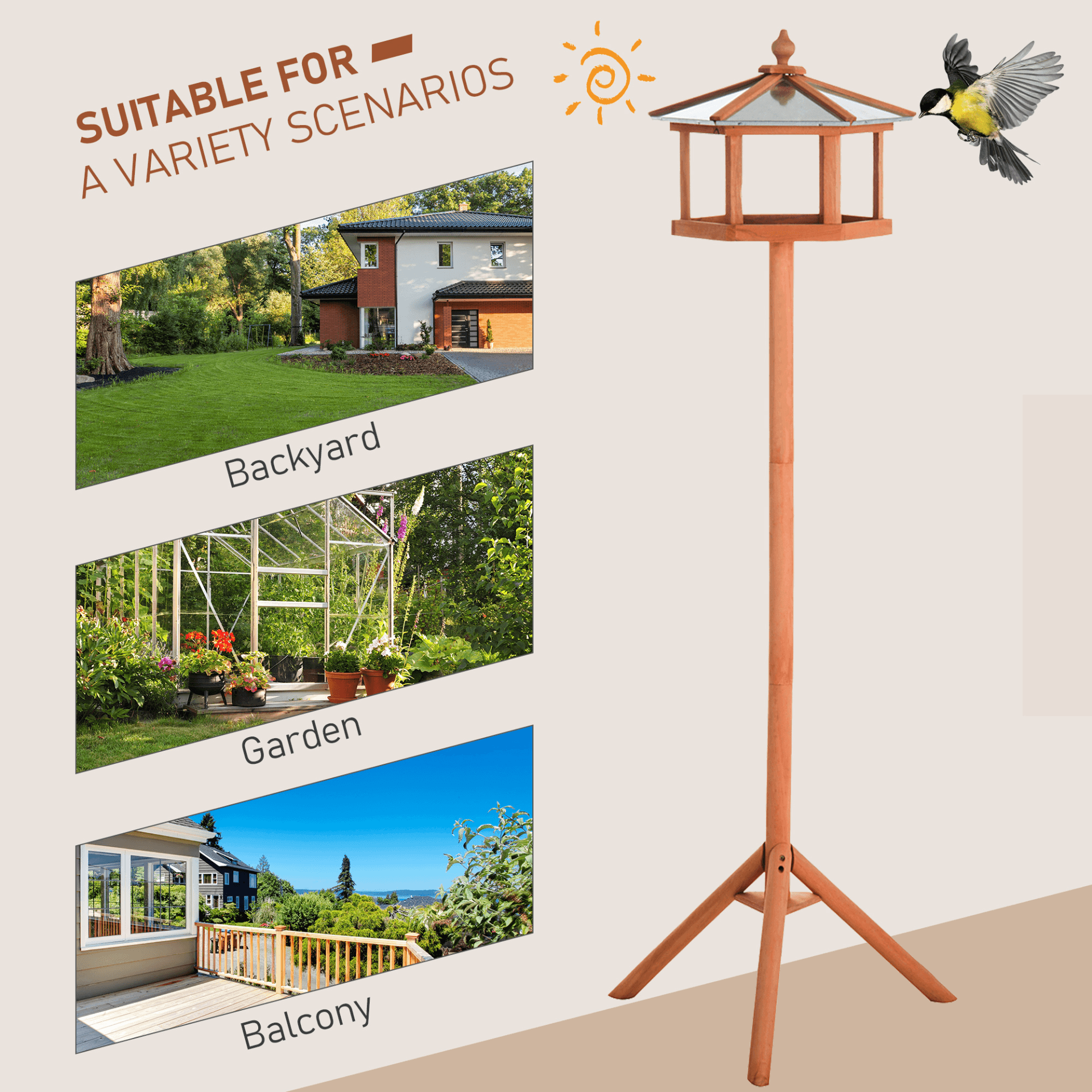 Wooden Bird Table - 153cm High Bird Feeder Stand, Enhance your garden, patio, or balcony with Wooden Bird Table. Multi-functional stand perfect for feeding, resting, & playing. Ideal for outdoor bird watching.