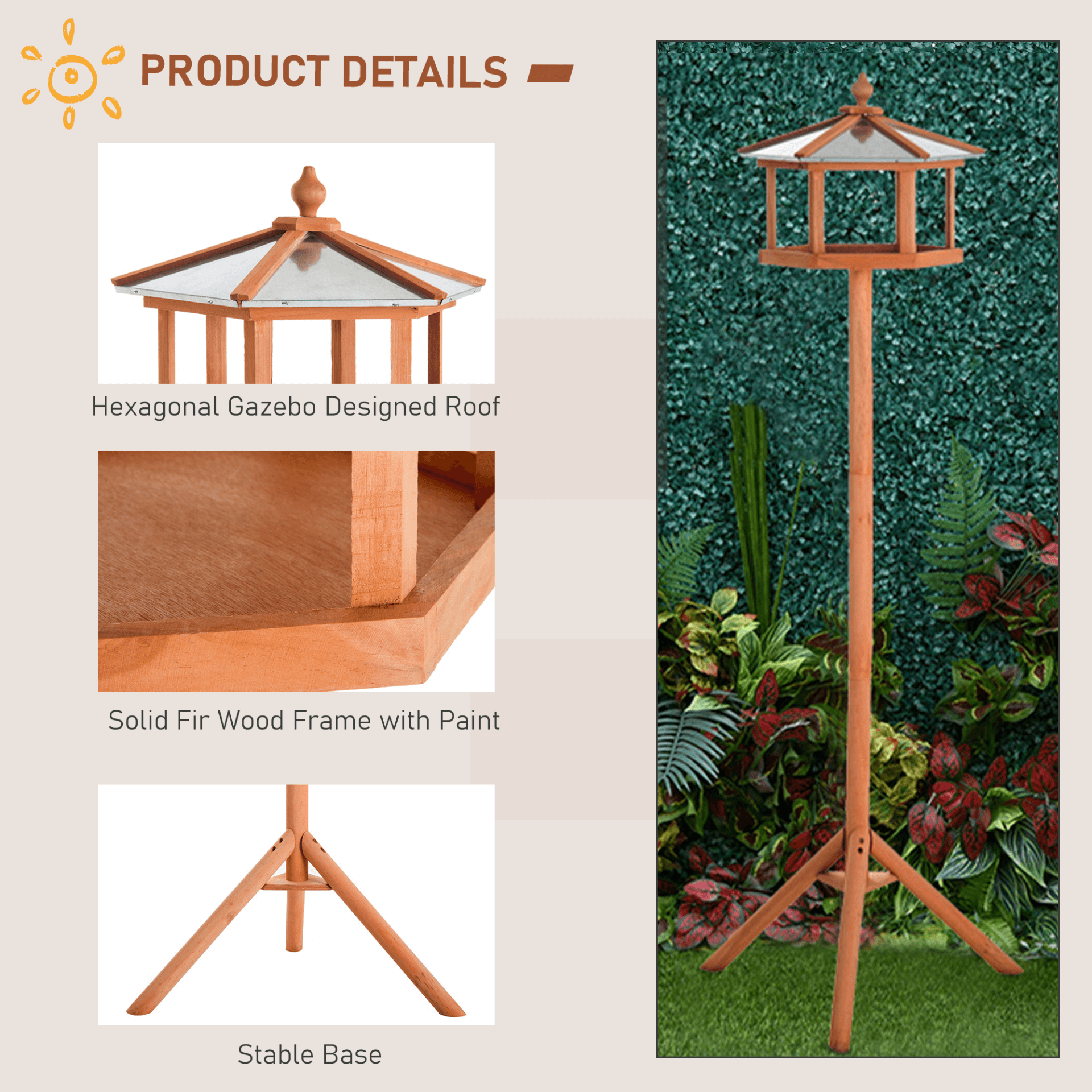 Wooden Bird Table - 153cm High Bird Feeder Stand, Enhance your garden, patio, or balcony with Wooden Bird Table. Multi-functional stand perfect for feeding, resting, & playing. Ideal for outdoor bird watching.