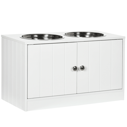 PawHut Raised Dog Bowls for Large Dogs - White, Elevate mealtime with PawHut's dog bowl set featuring storage, two stainless steel bowls, and a stylish stand for large dogs.