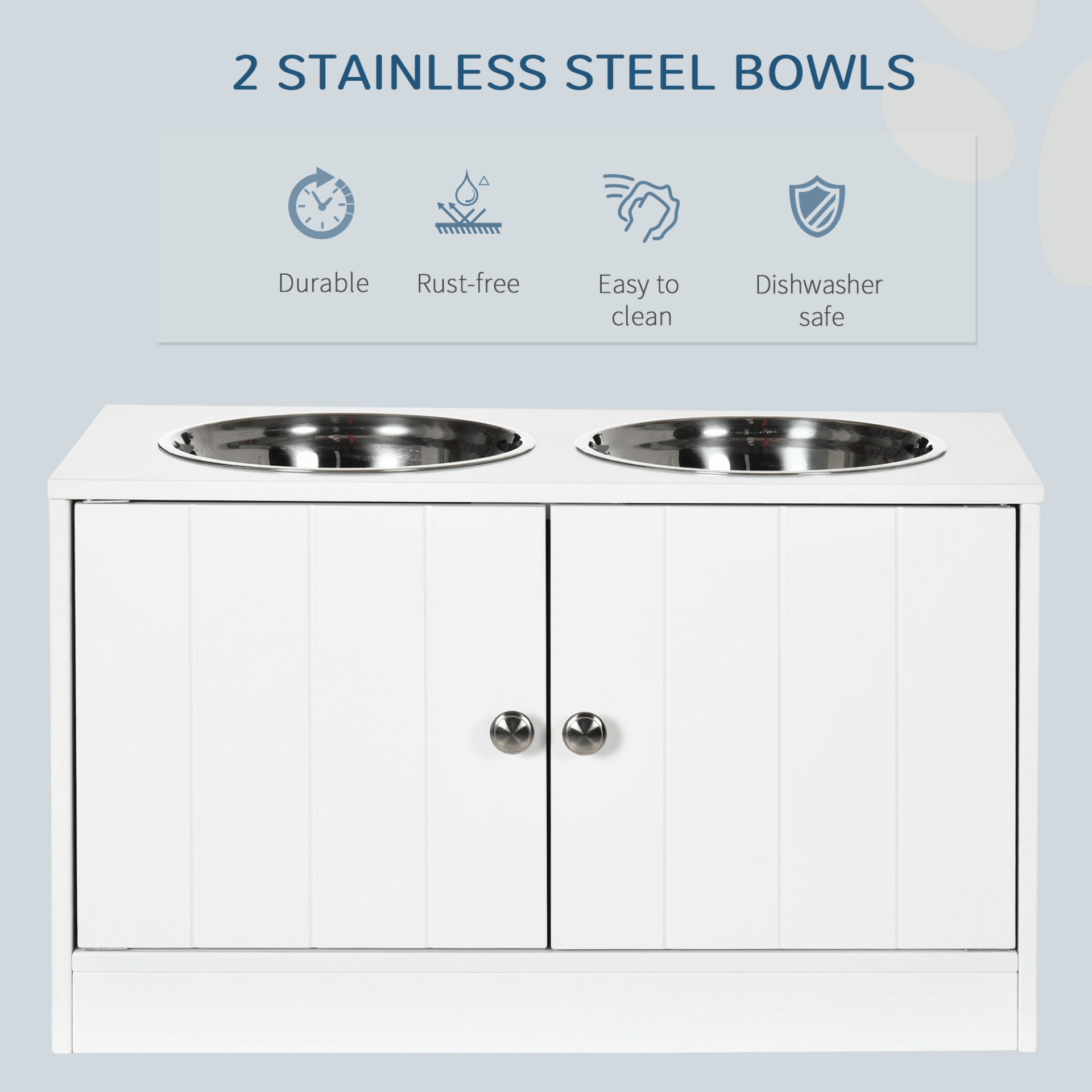 PawHut Raised Dog Bowls for Large Dogs - White, Elevate mealtime with PawHut's dog bowl set featuring storage, two stainless steel bowls, and a stylish stand for large dogs.