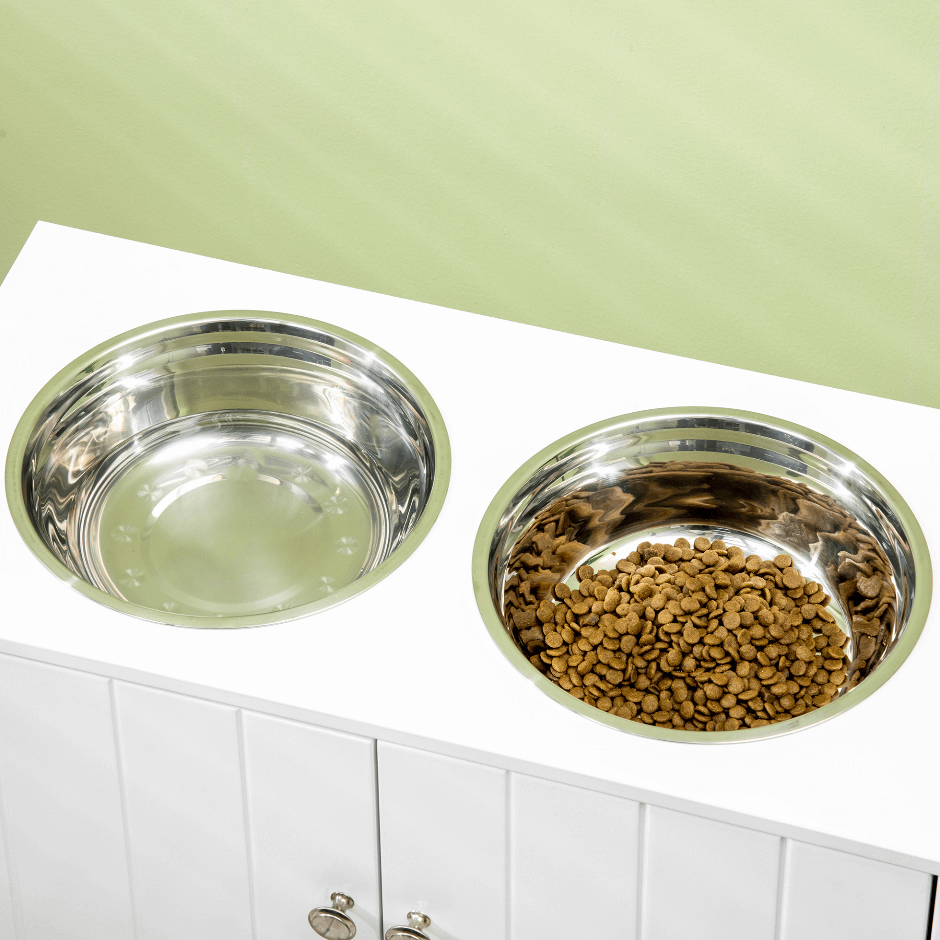 PawHut Raised Dog Bowls for Large Dogs - White, Elevate mealtime with PawHut's dog bowl set featuring storage, two stainless steel bowls, and a stylish stand for large dogs.