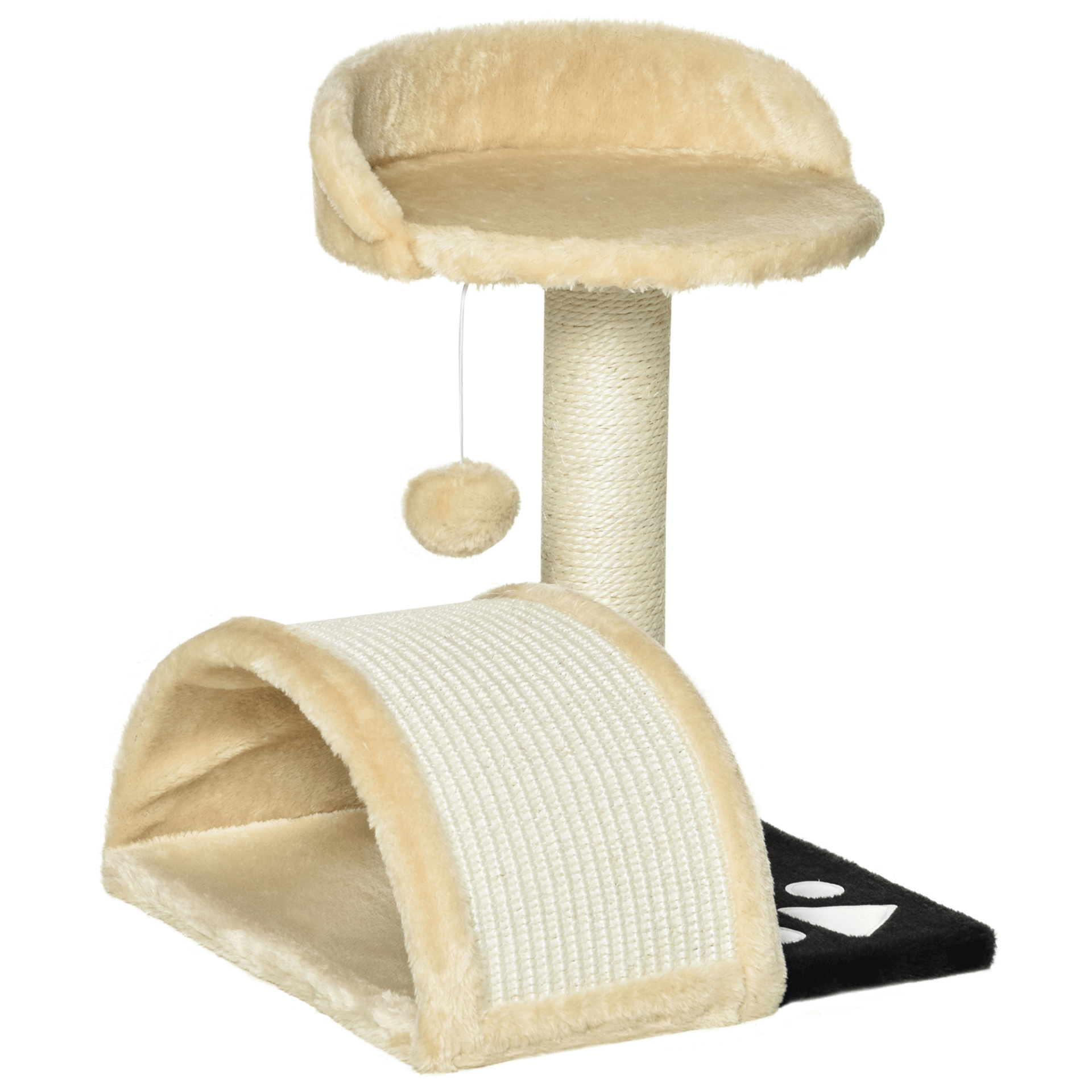 Beige Cat Tree with Scratching Posts & Toys, Keep cats entertained with a 2-level cat tree featuring sisal posts, perches, and a fun ball toy. Soft, plush fabric for ultimate comfort.