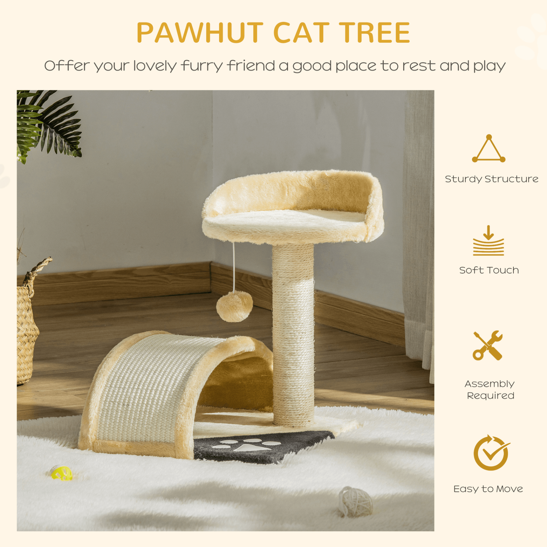 Beige Cat Tree with Scratching Posts & Toys, Keep cats entertained with a 2-level cat tree featuring sisal posts, perches, and a fun ball toy. Soft, plush fabric for ultimate comfort.