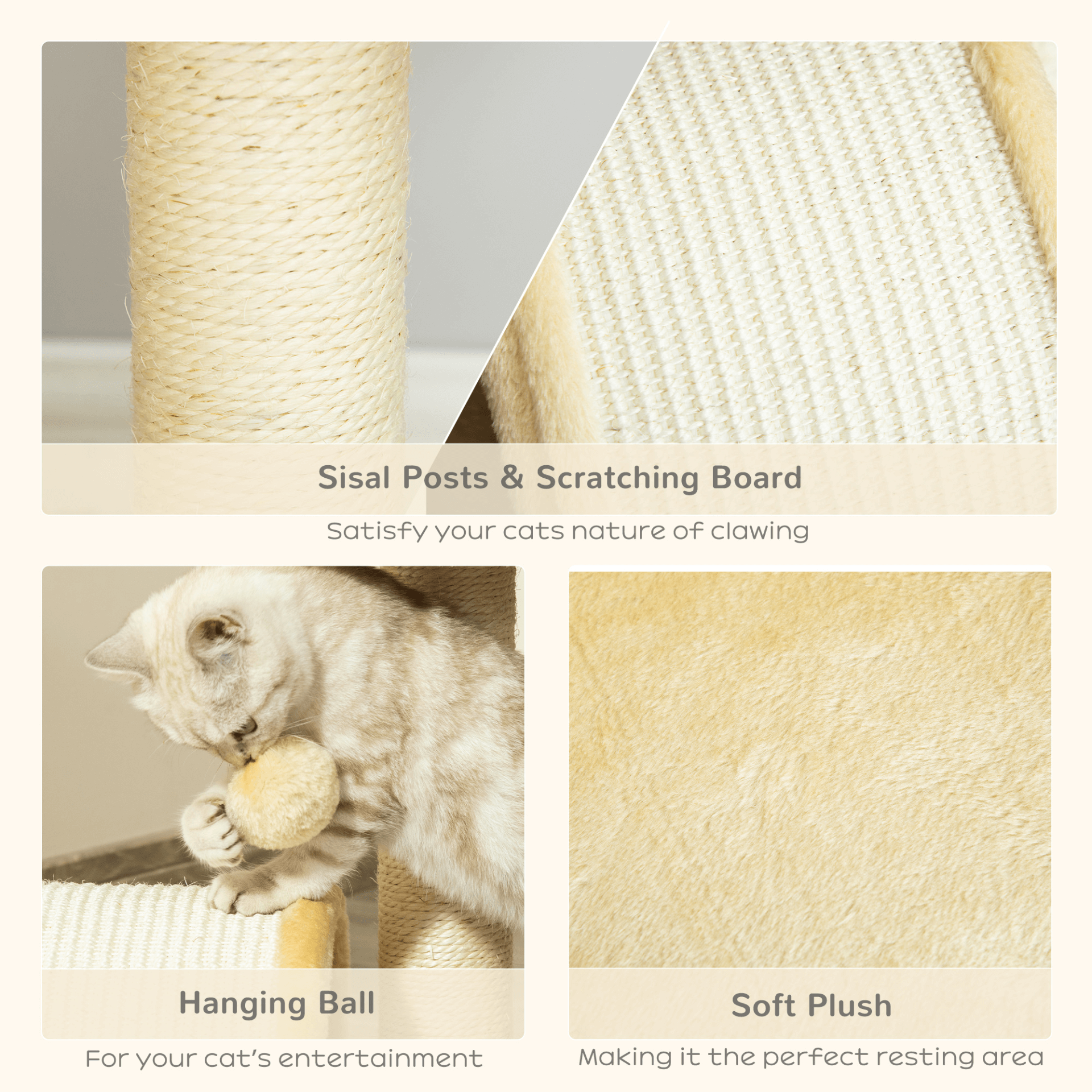 Beige Cat Tree with Scratching Posts & Toys, Keep cats entertained with a 2-level cat tree featuring sisal posts, perches, and a fun ball toy. Soft, plush fabric for ultimate comfort.