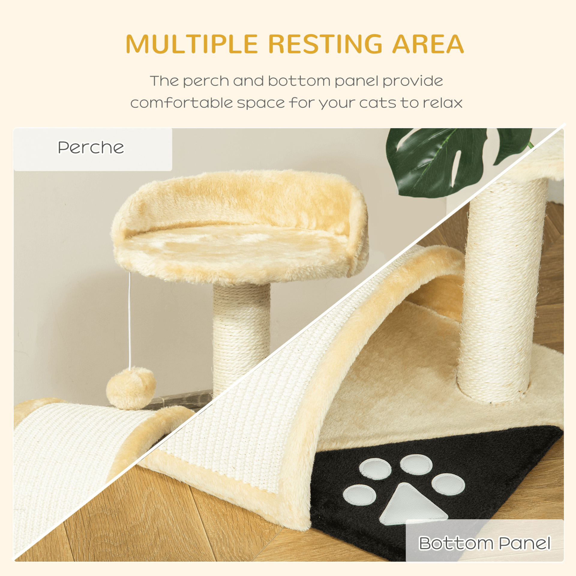 Beige Cat Tree with Scratching Posts & Toys, Keep cats entertained with a 2-level cat tree featuring sisal posts, perches, and a fun ball toy. Soft, plush fabric for ultimate comfort.